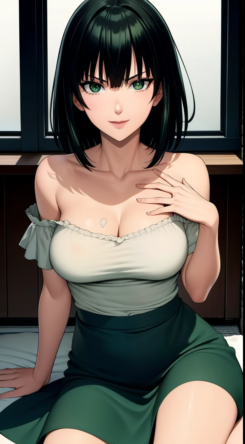 Fubuki, master piece, best image quality, facing the camera, evil smile, green skirt, Sexy tall, looking straight at the camera, short hair, Perfect body, seaside, green hair, off-the-shoulder clothes, medium breasts, cleavage, revealing dress, (1girl), sole girl, cum sperm on breasts,  white fluid, milk on body, jerk off, fap, cum tribute, breast milking, covered in ,