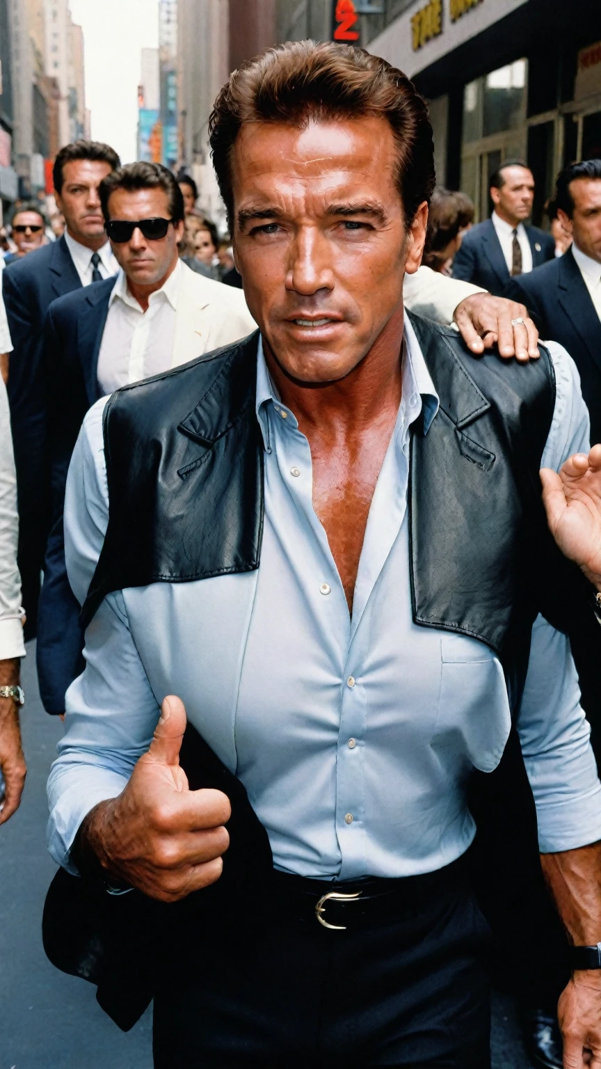 young Arnold Schwarzenegger with wild horror on his face, like a liquid terminator spreading and melting on the walk of fame, shielding himself with his hand as if from the sun at the sight of the incredibly menacing Sylvester Stallone