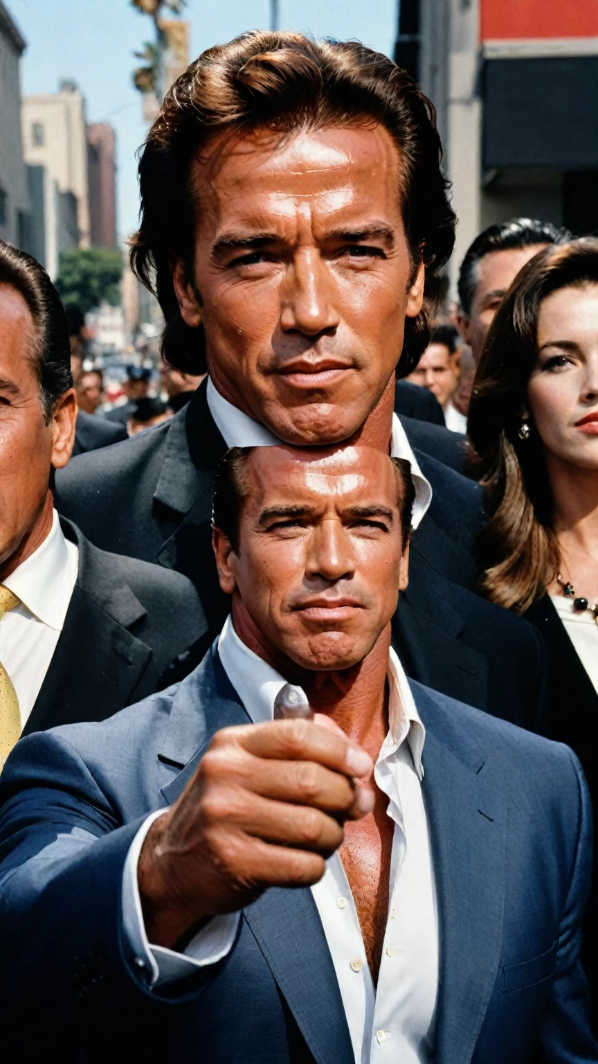 young Arnold Schwarzenegger with wild horror on his face, like a liquid terminator spreading and melting on the walk of fame, shielding himself with his hand as if from the sun at the sight of the incredibly menacing Sylvester Stallone