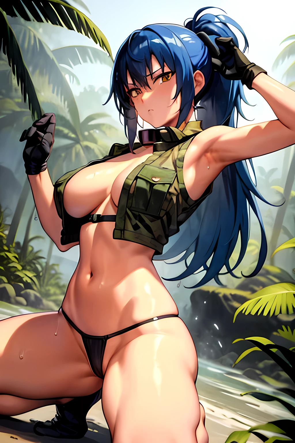 masterpiece, best quality, anime 1990s \(style\, leona heidern, sexy, naked, thong ,open vest., jungle, tactical, pony tail, serious, cammo, army, soldier, blue hair, warfare, war, wet, gloves, sexy pose, jungle girl, perfect hands, five fingers, long hair, tropical, warpaint, collar