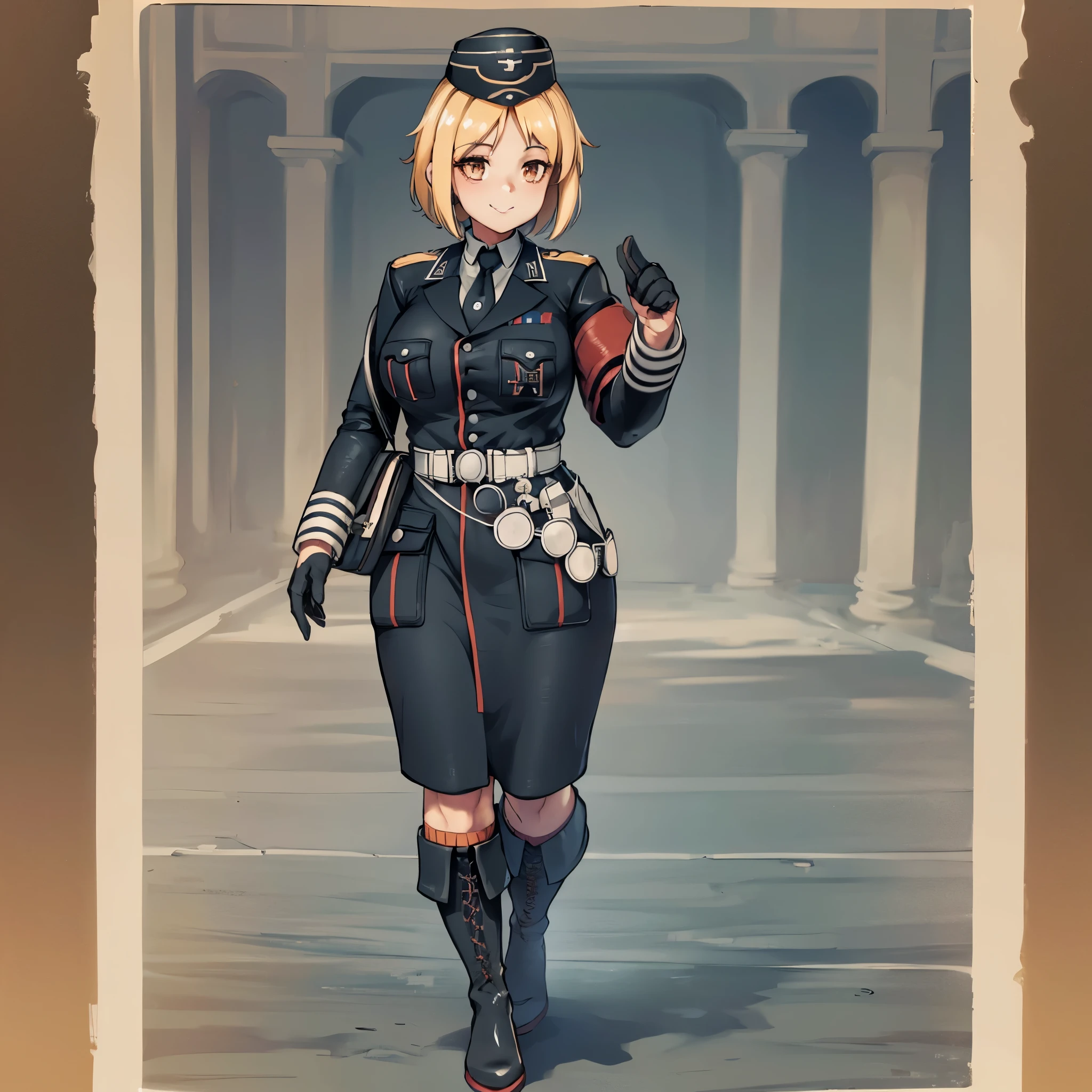 A woman wearing a Wehrmacht uniform, with a very detailed iron cross symbol, black leather boots, walking on a fog-filled battlefield, orange eyes, short blonde hair, Wehrmacht military hat, big breasts, smiling, full body, blurred background, concrete floor. , UHD , masterpiece, accurate, anatomically correct, textured skin, super detail, high quality, best quality, 8k, high resolution, bokeh effect.(solo woman)