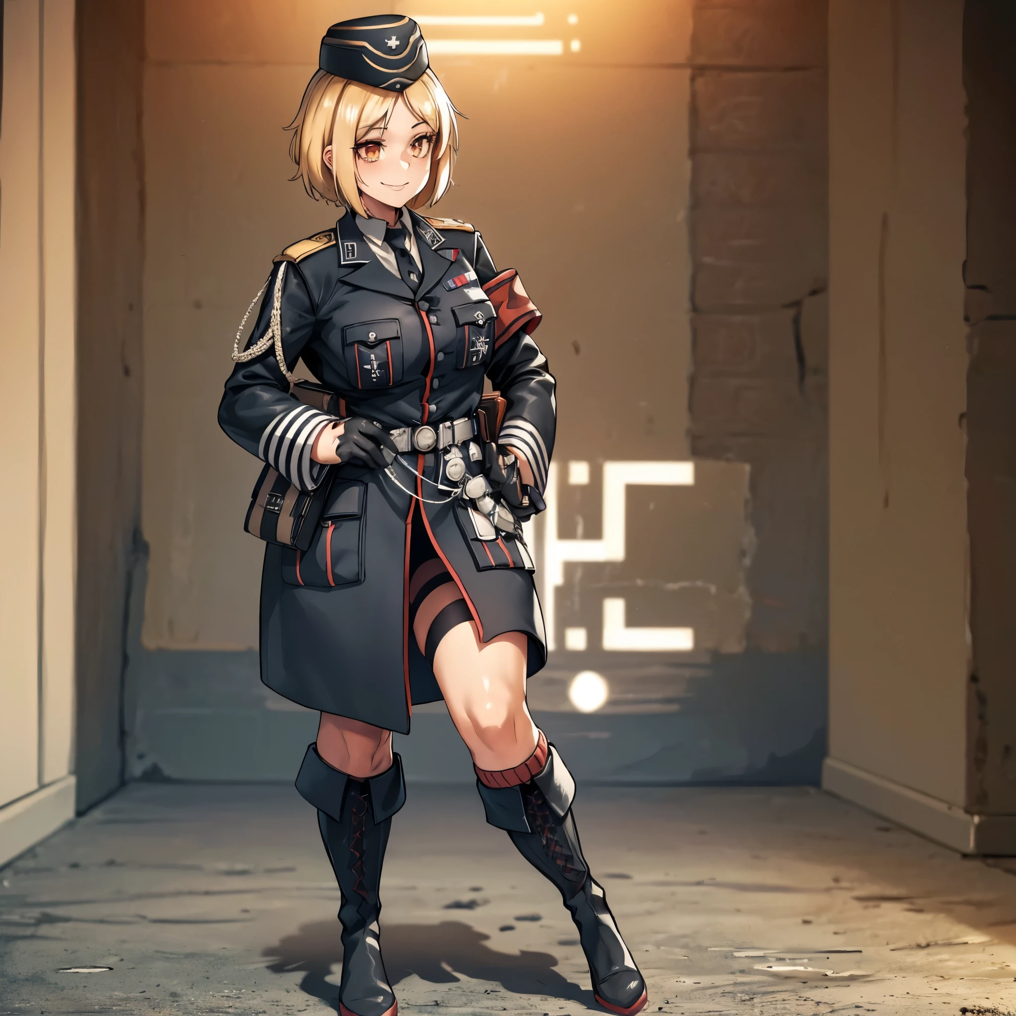 A woman wearing a Wehrmacht uniform, with a very detailed iron cross symbol, black leather boots, walking on a fog-filled battlefield, orange eyes, short blonde hair, Wehrmacht military hat, big breasts, smiling, full body, blurred background, concrete floor. , UHD , masterpiece, accurate, anatomically correct, textured skin, super detail, high quality, best quality, 8k, high resolution, bokeh effect.(solo woman)
