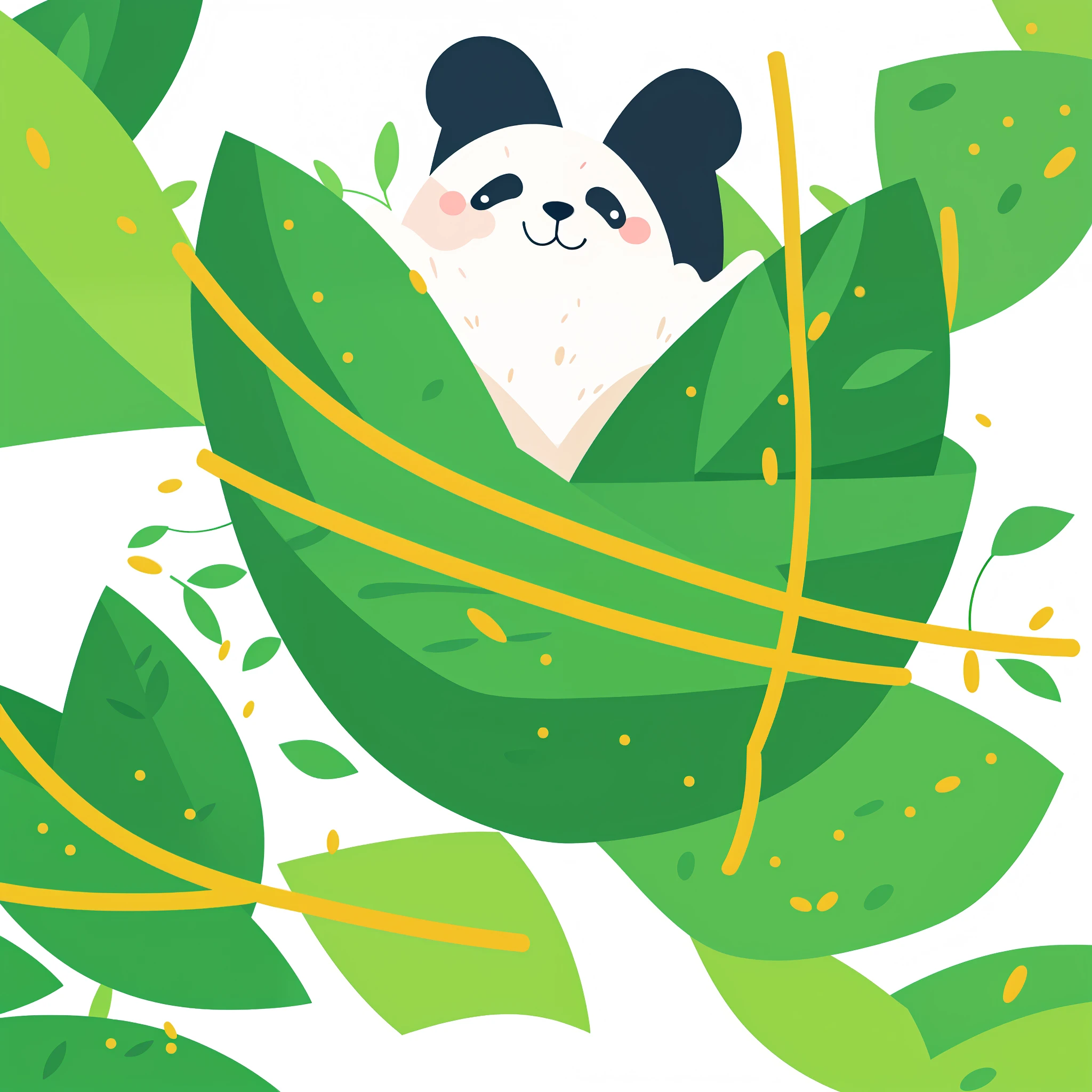 A panda-shaped zongzi, made of glutinous rice, has a cute expression, the lower half of the body is wrapped in tapered leaves, the head sticking out of the leaves, equidistant, cartoon-style, Macro Lens, studio light, bold color scheme