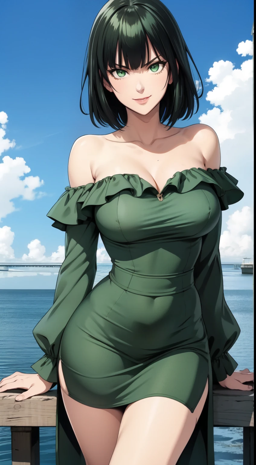 Fubuki, master piece, best image quality, facing the camera, evil smile, green skirt, Sexy tall, looking straight at the camera, short hair, Perfect body, seaside, green hair, off-the-shoulder clothes, medium breasts, cleavage, revealing dress, (1girl), sole girl, covered in,