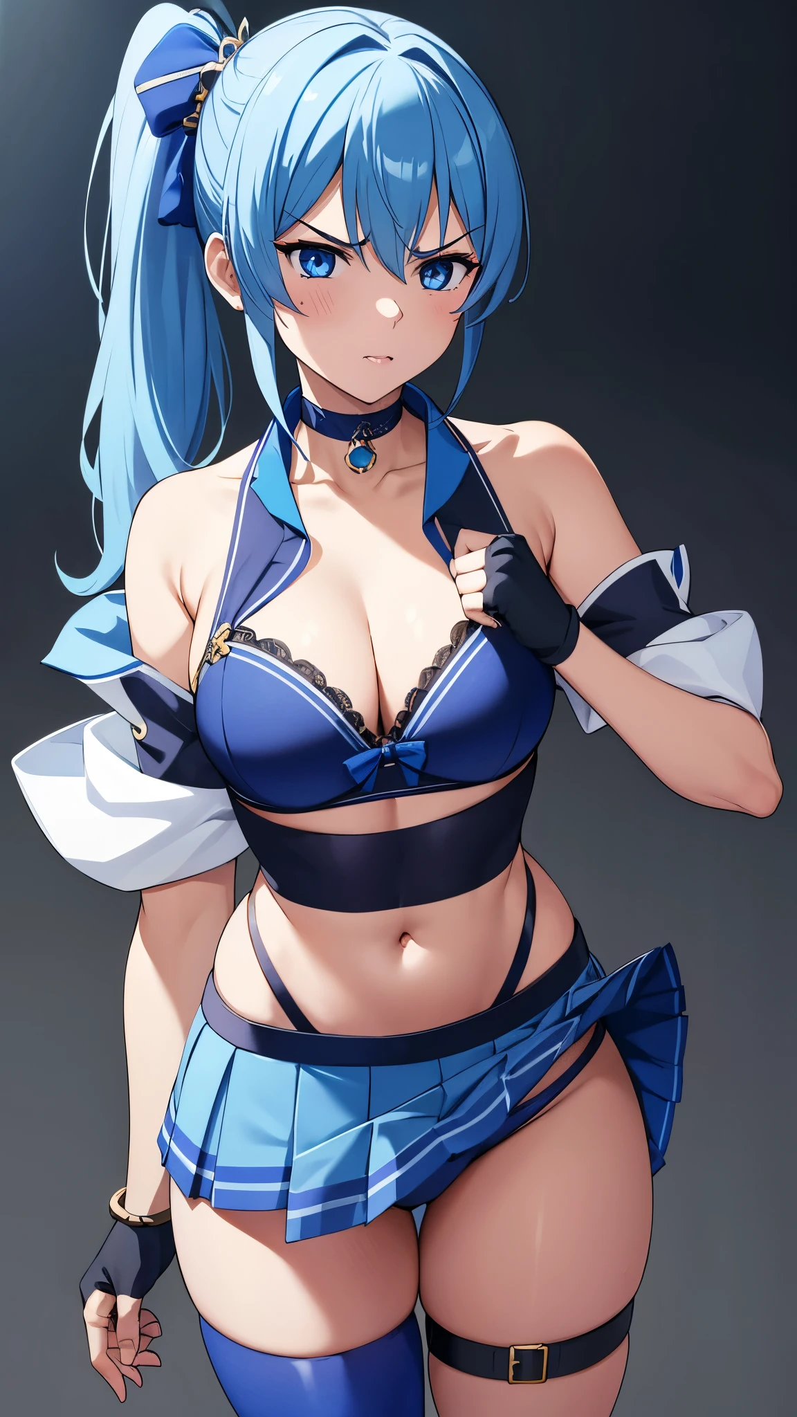 1GIRL, SOLO, SIDE PONYTAIL, HOSHIMACHI SUISEI, FINGERLESS GLOVES, SINGLE THIGHHIGH, JEWELRY, THIGH STRAP, BRACELET, BUTTONS, BLUE CHOKER, BLUE BELT, MINI CROWN, BLUE ASCOT, (get angry、Skirt lifted、Blue bra、Blue Panties)