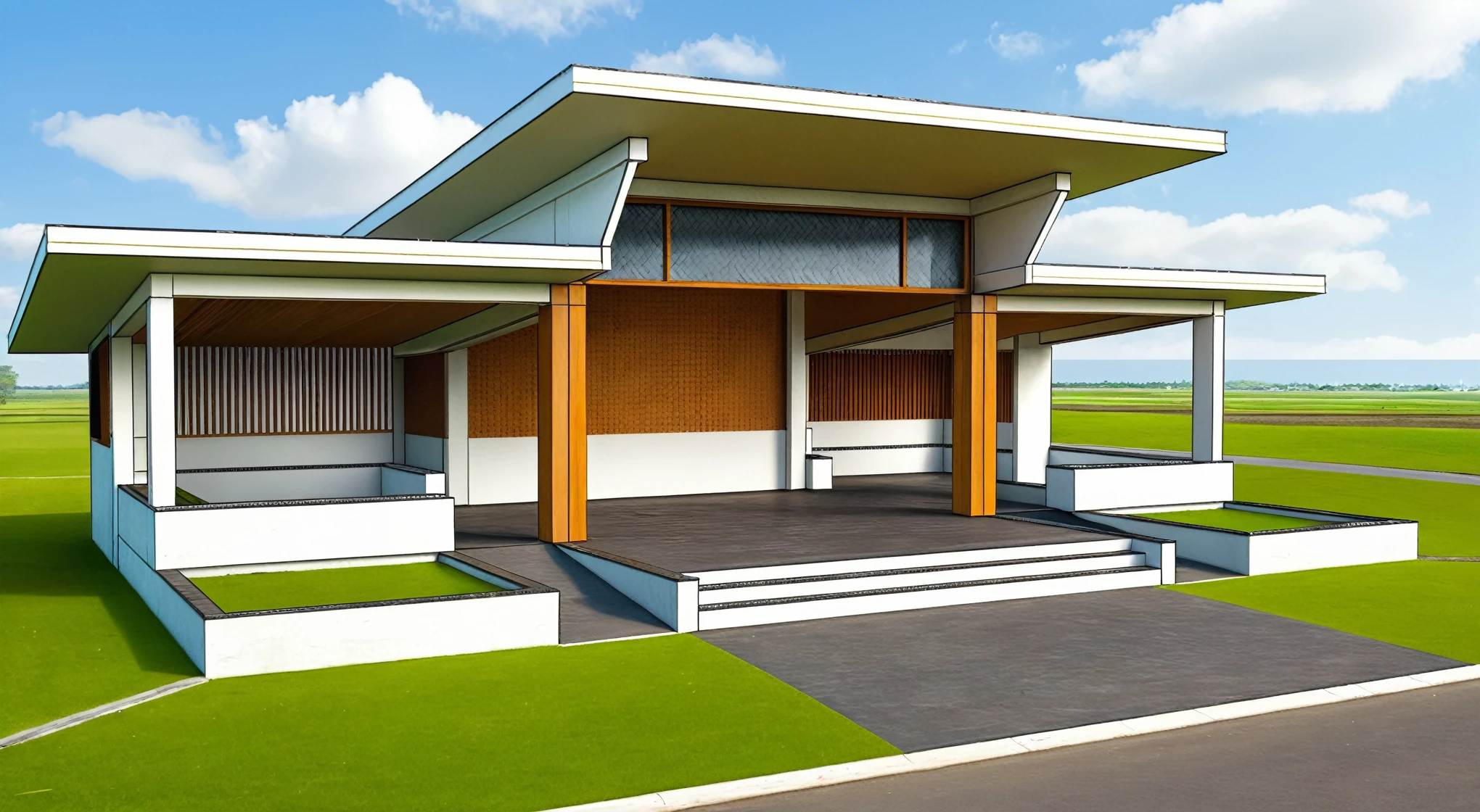 Masterpiece, high quality, best quality, authentic, super detail, outdoors, huts, fields landscape, white wall, ceiling wood, road, pavement, grass, trees, blue sky, cloud, (day:1.1), realistic, spring lighting, clear sky,