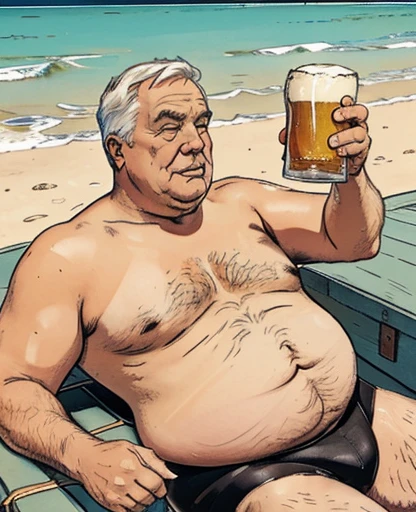 A fat grandfather swimming using a life jacket, bare chested, on the beach, and enjoying a cup of beer, his face flushed, chubby, fatty, full body, old man brown skin, naked