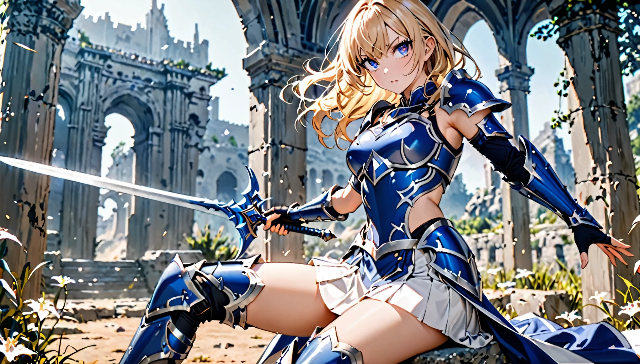 ((highest quality)), ((masterpiece)), (Get used to it), Perfect Face, The character is a blonde woman with sharp eyes., Wearing blue and white armor, Blue armour on the legs and arms, White Skirt, With a thin sword in one hand. the background is a light color.
