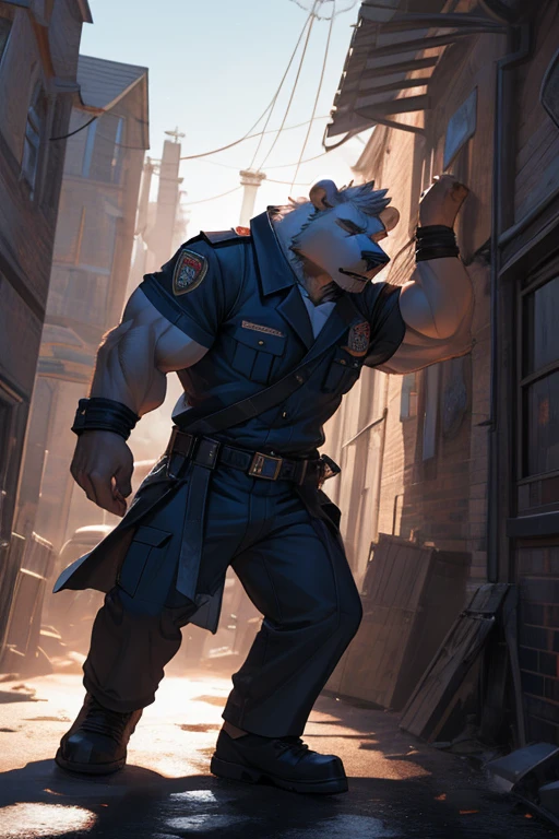 a handsome muscular polar bear in a British firefighter uniform, short messy fringe, sassy dominant body posture, large strong build, highly detailed, best quality, masterpiece, 8k, photorealistic, dramatic lighting, cinematic, intense gaze, chiseled jawline, rugged features, bulging muscles, confident expression, dramatic pose, action scene, heroic, powerful, intense