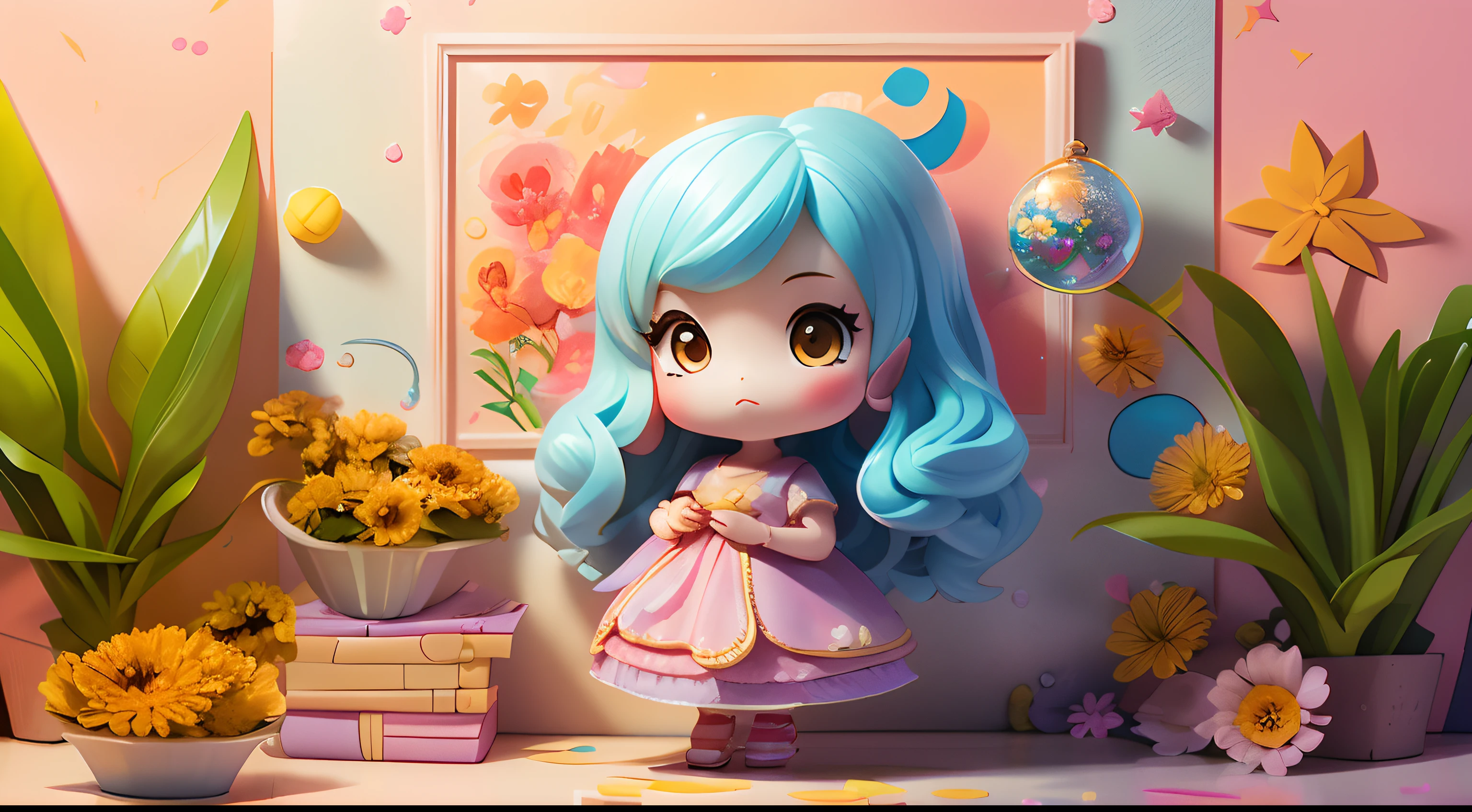 fotorealista、Doll standing in front of the painting.（nendroid）、Gotas de agua en las mejillas.、Put your index finger on your cheek to make a cute pose.、Sengai、pixiv、rococo、doll dream、nendoroide acuarela、(High definition figure)、Seda iridiscente que fluye、arriba de la cara、There are also flowers in front of the nendroids.、Phoenix petals、season!!: 夏☀ 🍂 鳶足