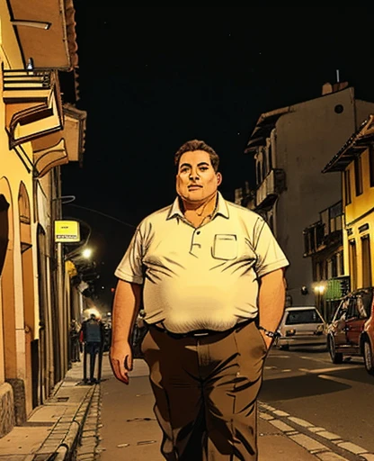 + / A obese light brown haired man on vacation enjoying the local  scene in BOGOTA at midnight