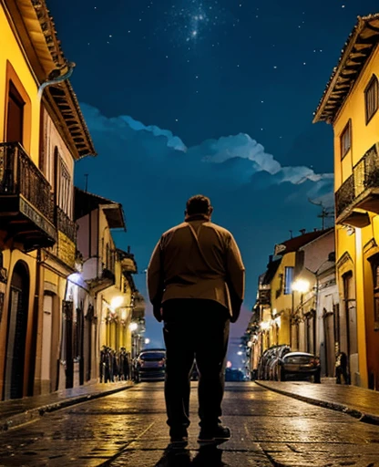 + / A obese light brown haired man on vacation enjoying the local scene in BOGOTA at midnight
