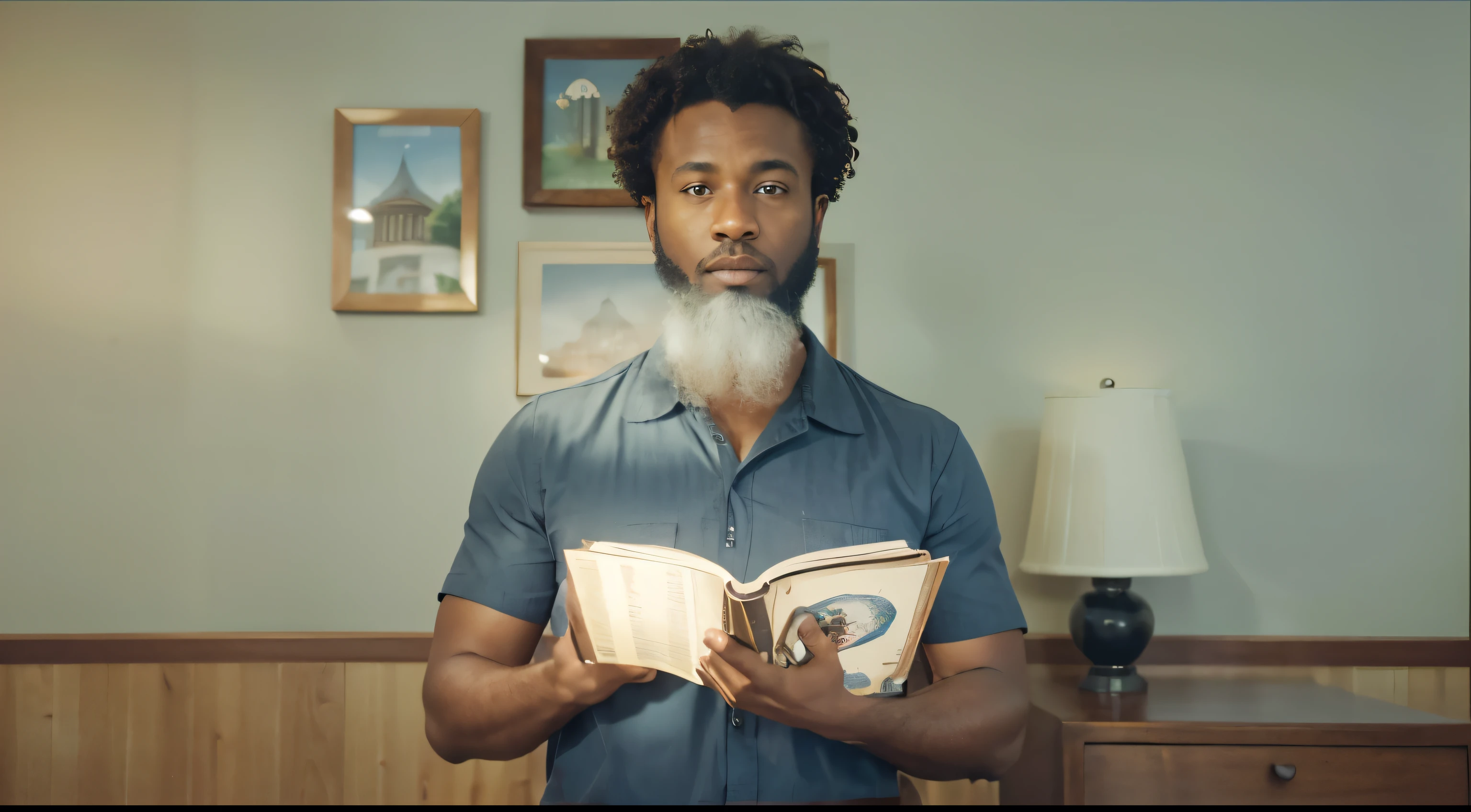 In this realistic image an black man with woolly curly-hair appearing to be in his early-50s plus, clad in a navy blue collared shirt staring down at the book that is in his hands, his attention captivated by a book titled “Drawing Book,” which boasts colorful illustrations on its cover. The room exudes warmth, with a wooden desk and an elegant lamp casting a soft glow, creating an inviting atmosphere for intellectual pursuits. Above the desk, two framed pictures contribute to the room’s thoughtful decor.