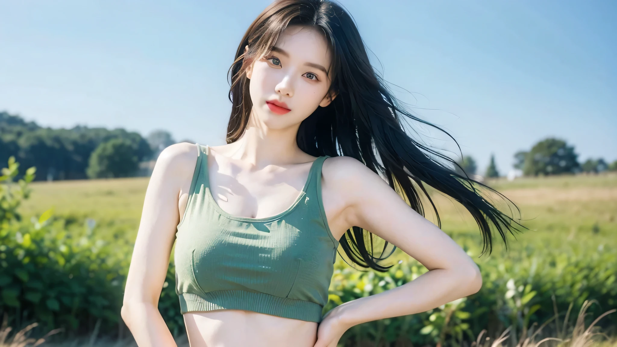 Close-up shot of young Korean woman standing in green field, beautiful girl, The wind is blowing strong., sunlight, clear sky, white tank top, Lift one arm beside your head., shoulder, armpit, collarbone, (big breasts : 1.3), abdomen, navel, shorts