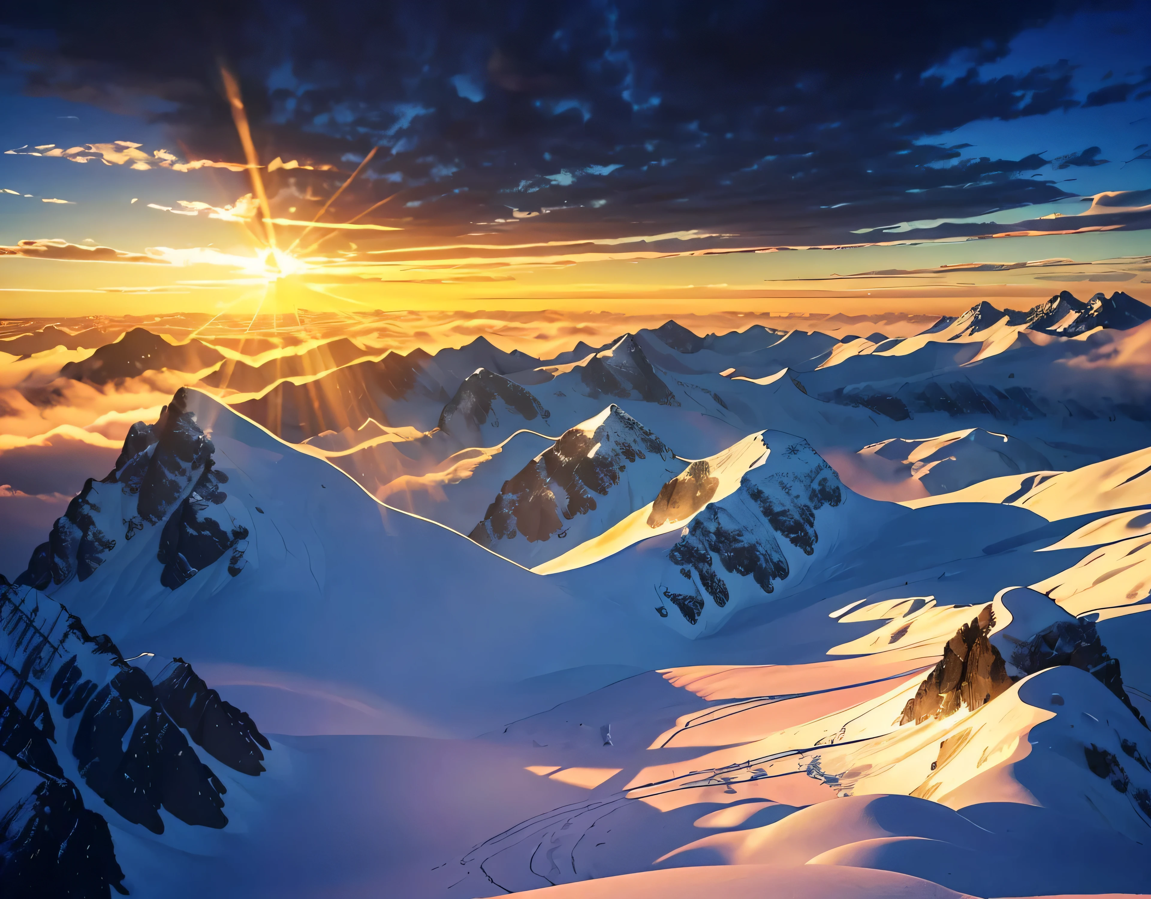 The mountain was covered with snow々、The morning sun shines brightly、The morning sun shines brightly、(Ultra-realistic:1.2), High resolution, (Bright colors, High resolution:1.1), (Sharp focus:1.1), (Physically Based Rendering:1.1), Tyndall effect, Colorful lights, (((Light shines through the gaps in the clouds))), Beautiful perspective, Contrasting Shadows, moving composition, Realistic landscape, unique configuration, Soft texture, Intricate details, Mysterious atmosphere, An artistic exploration of light and shadow,Golden dazzling light、A world view that will captivate all who see it、The world of nature、View from 3000m above sea level and mountain hut