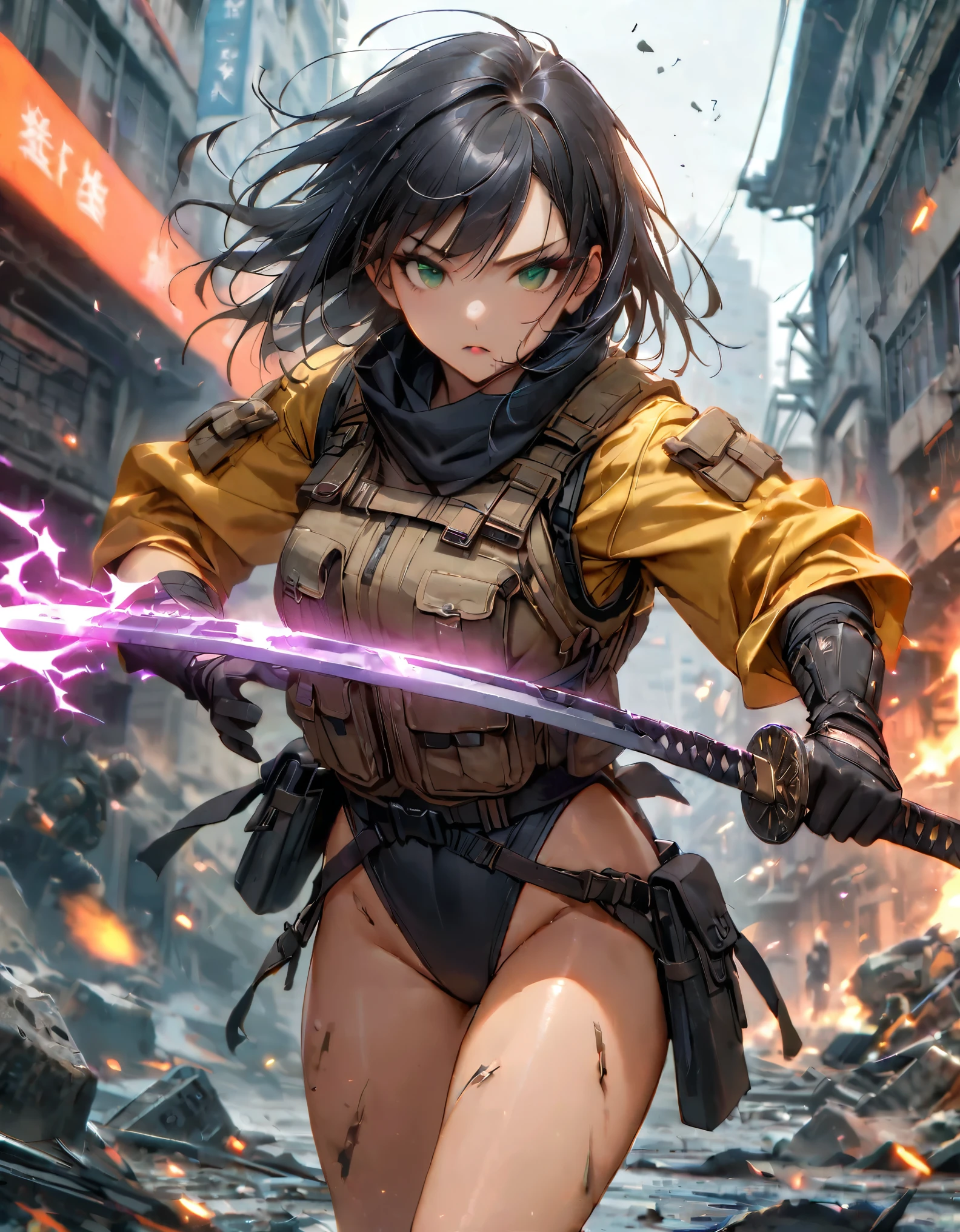 1 girl, solo, solo focus, close up shot, (black hair, medium hair, medium breasts, green eyes), ninja, perfect anatomy, city, cyberpunk style, ((load-bearing vest, belt, black gloves, black leotard, bare legs, yellow combat boots, matching boots)), ((dynamic action pose)), war, ruined city, battlefield, rubble, building, (holding weapon, katana), cowboy shot, body induced with black aura