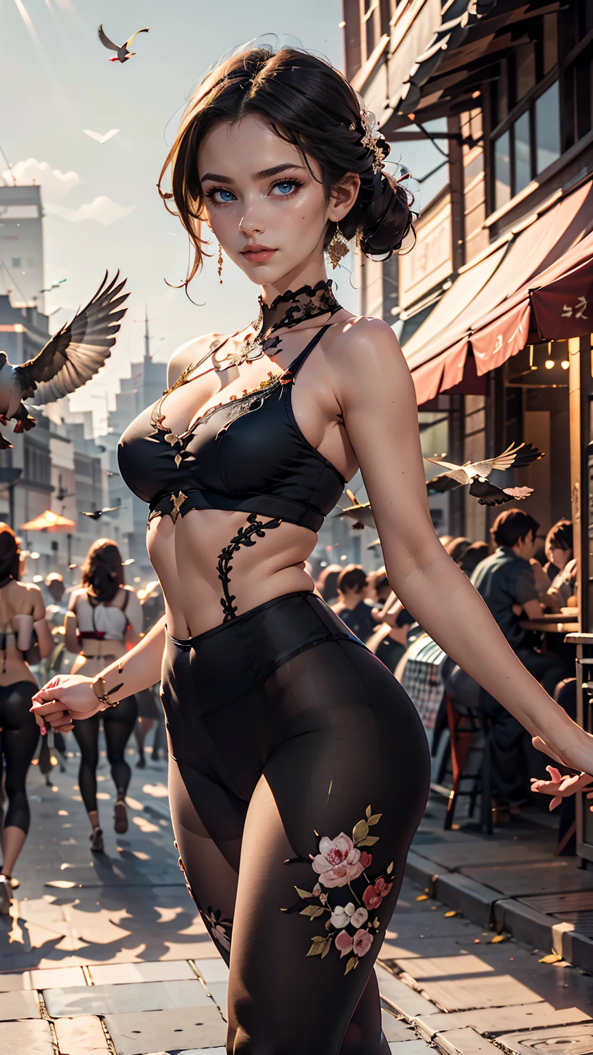 24-year-old female、Put your hands together and thrust them forward、Many pigeons land on my hands、Front cutout((front cutout))Wear tops、Wear low rise leggings、smile、View your viewers