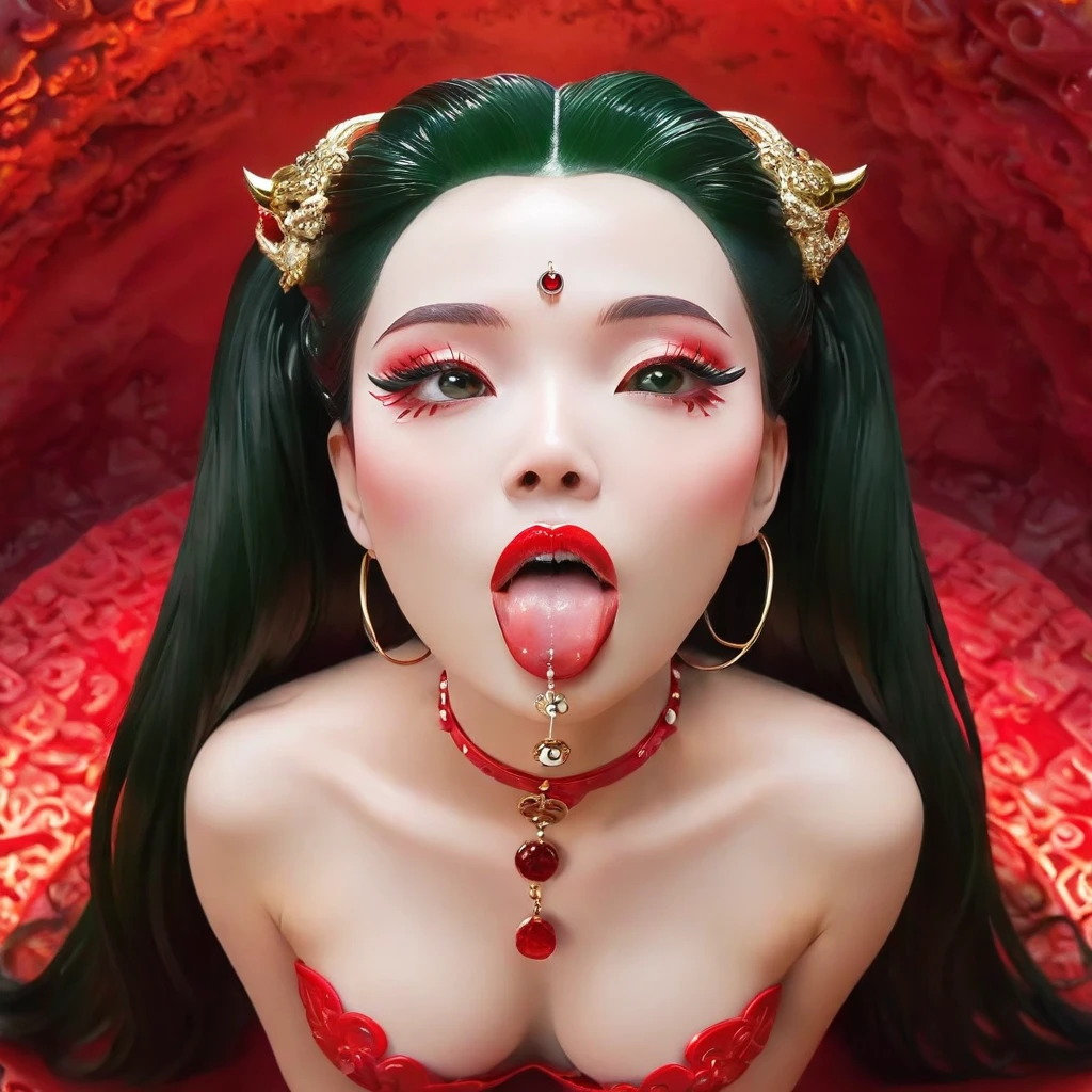 (masterpiece, best quality:1.2), jade style，1 beautiful chinese girl, solo，up-down view，helllady，((Best quality)), ((Masterpiece)), ((Realistic))，axial symmetry:2, magnificent ruby hell background in scarlet style，white mixed latex，sexy，eye shadow，detailed face，tongue out，close up，beautiful，detailed face，tongue piercing