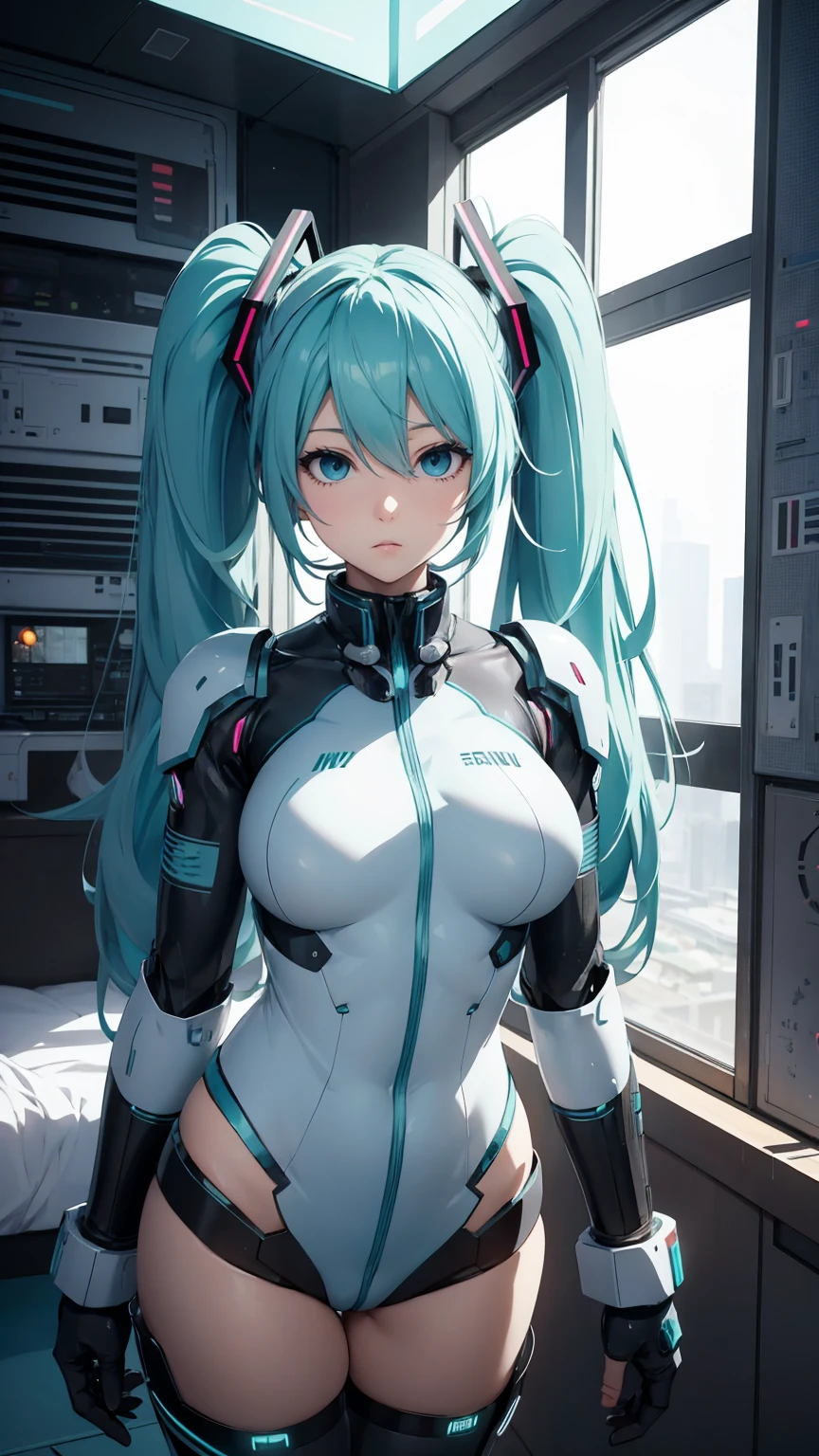 Hatsune Miku Vocaloid, Twin Tails, Light Blue Eyes, Light Blue Hair, Bod ysuit, (mecha girl), Cyber punk, Ultimate Physical Beauty, Beautiful Eyes, big breasts, embarrassed look , bedroom, Bigchest, 8K CG, Top Quality, Best Image Quality,