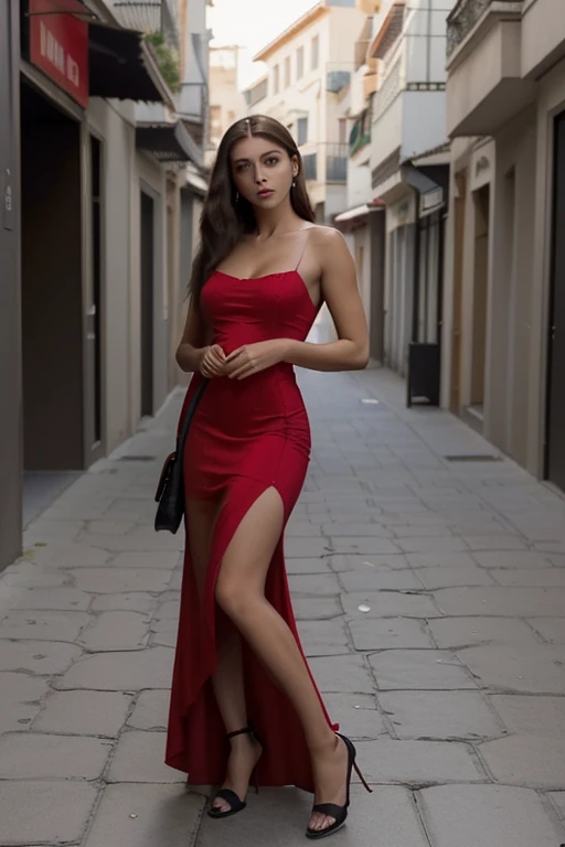 Mujer arafed con un vestido rojo y un bolso negro caminando por una calle., una foto de Marie Bashkirtseff, Tendencias en la sociedad CG, arabesque, la chica lleva un vestido rojo, modelo de moda elegante, elegante vestido rojo, usando un vestido rojo, usando un vestido rojo, usando un vestido elegante, vistiendo un traje rojo, vistiendo un traje elegante