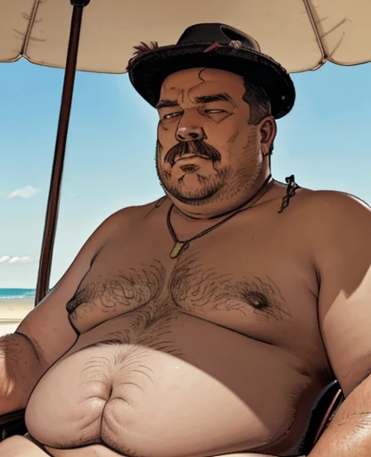 a morbidly obese man, looking forward, close-up image, on a beach, with a sombrero, two beach chairs, wearing beach swim trunks, holding an iced popsicle, realistic, hd, 8k