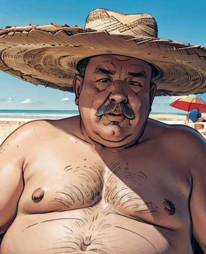 a morbidly obese man, looking forward, close-up image, on a beach, with a sombrero, two beach chairs, wearing beach swim trunks, holding an iced popsicle, realistic, hd, 8k