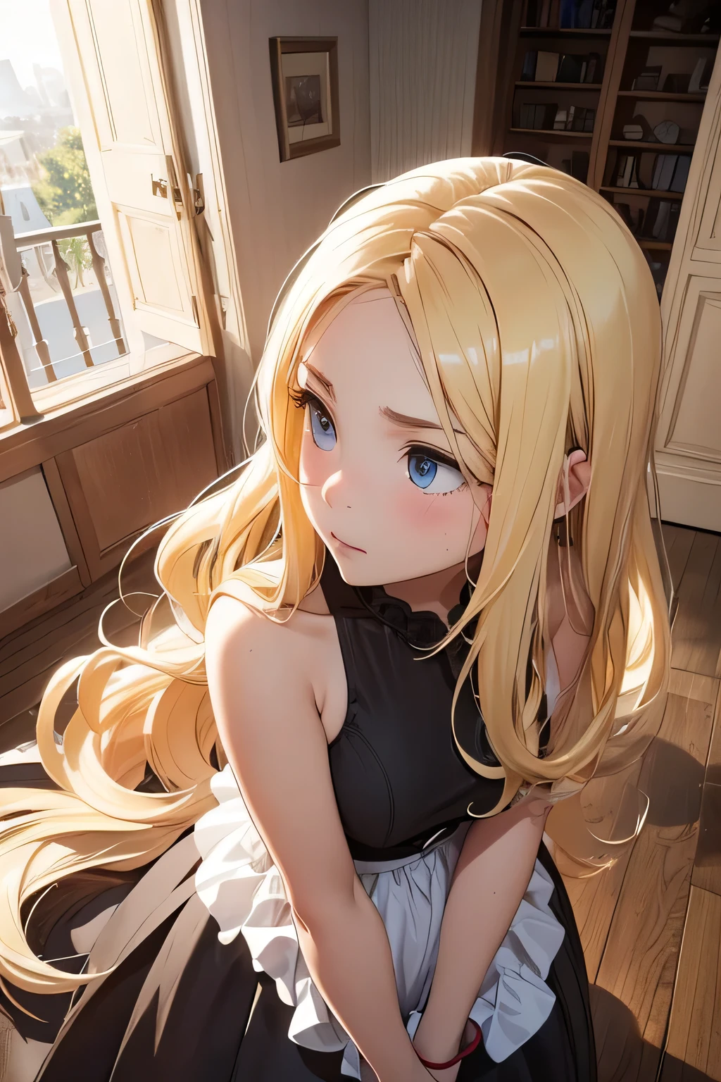 wide-angle lens,expressive,Look up, the whole body, a age couple kissing. She has long blonde hair and a dress. He has straight blonde hair combed back.