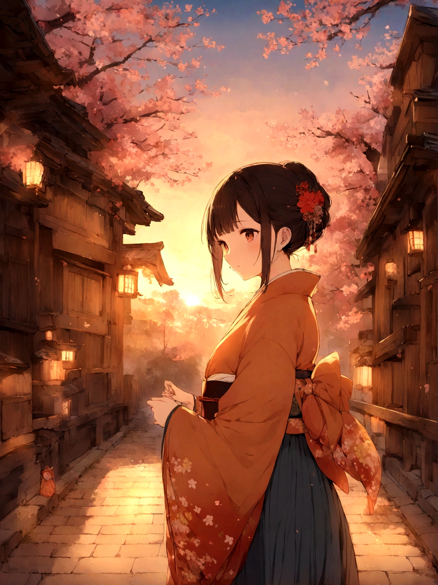 A street corner in Kyoto during the Edo period,Cherry blossoms are in full bloom,On the street bridge,There is a Japanese girl,wear Kimono,Light from the side,At dusk,Warm tones、sunrise、