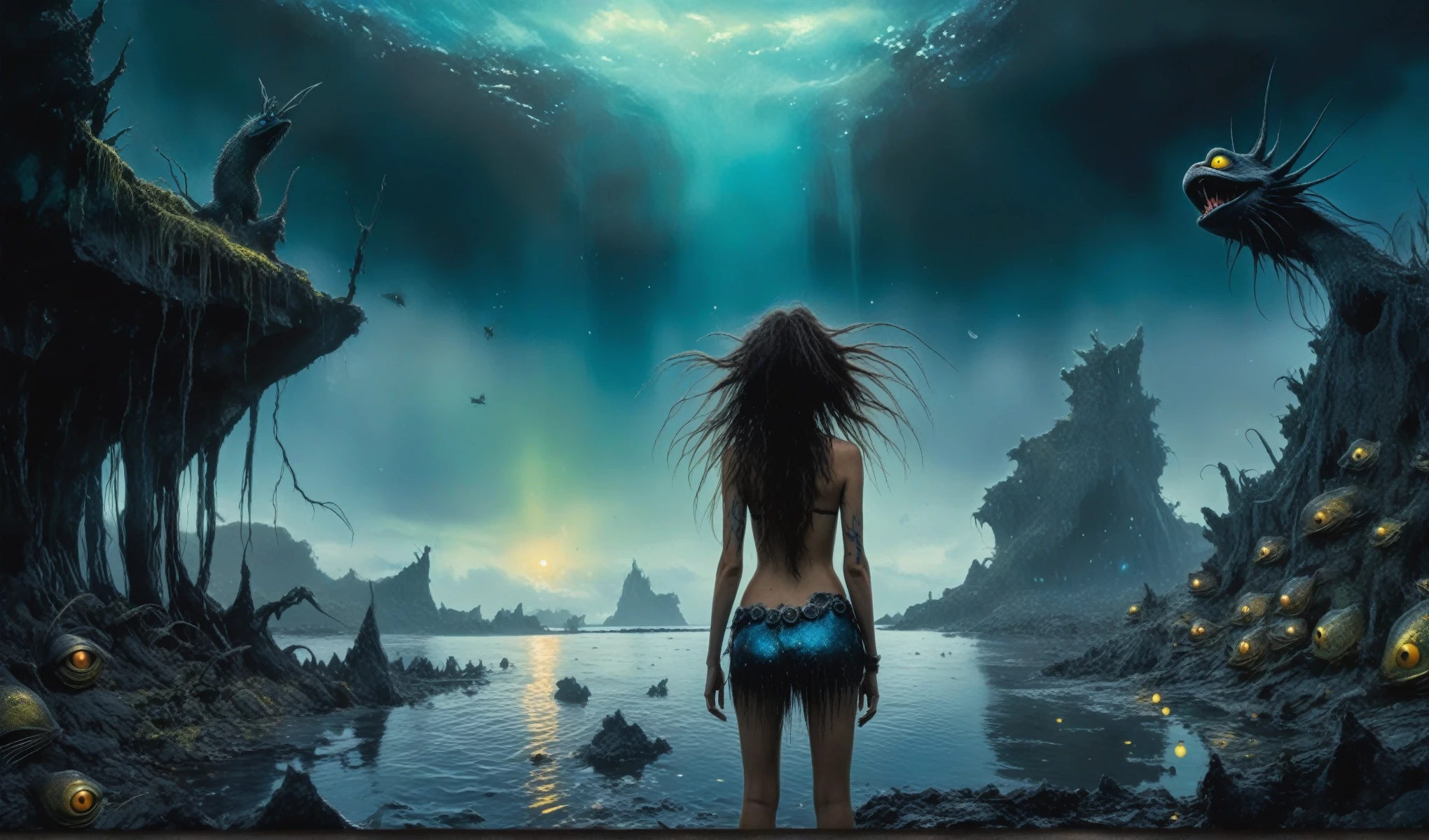 Chalcopyrite Mermaid,moana ahd brothers,adventures,golden black make up,longhair,goblin,freckles,pretty face,eyebrow up,full body shot,ominous landscape,glate gray atmosphere,Simon Stalenhag,Nicola Samori,Wangechi Mutu,prime colors,Lisa Frank, ,urban,extremely detailed, [night landscape],masterpiece,intricate details,faded,eyes extremely detailed, high detailed eyes,16k resolution,RAW, Nikon Z9,city on background,chinesse,pixie,sea,RAW,Retina,full body length,Obsidian Chalsedoon Nightcrawler,ominous landscape, niobium Obsidian atmosphere,dangerous atmosphere,intricate details,realistic humid skin,extremely intricate details,Epic Realistic, cinematic style,film grain,dramatic light,anatomically correct,faded,eyes extremely detailed, high detailed eyes,UHD,Retina,HDR,CinematicTechnicolor,natural skin textures, hyper realism, hyper detailed,High contrast,Realism,Ultra Detailed,irina yermolova,close full body shot, masterpiece,faded,8k resolution,RAW, Nikon Z9,MIk Kil Cenote of Yucatan of MexicoбLi River in Guangxi Zhuang of China