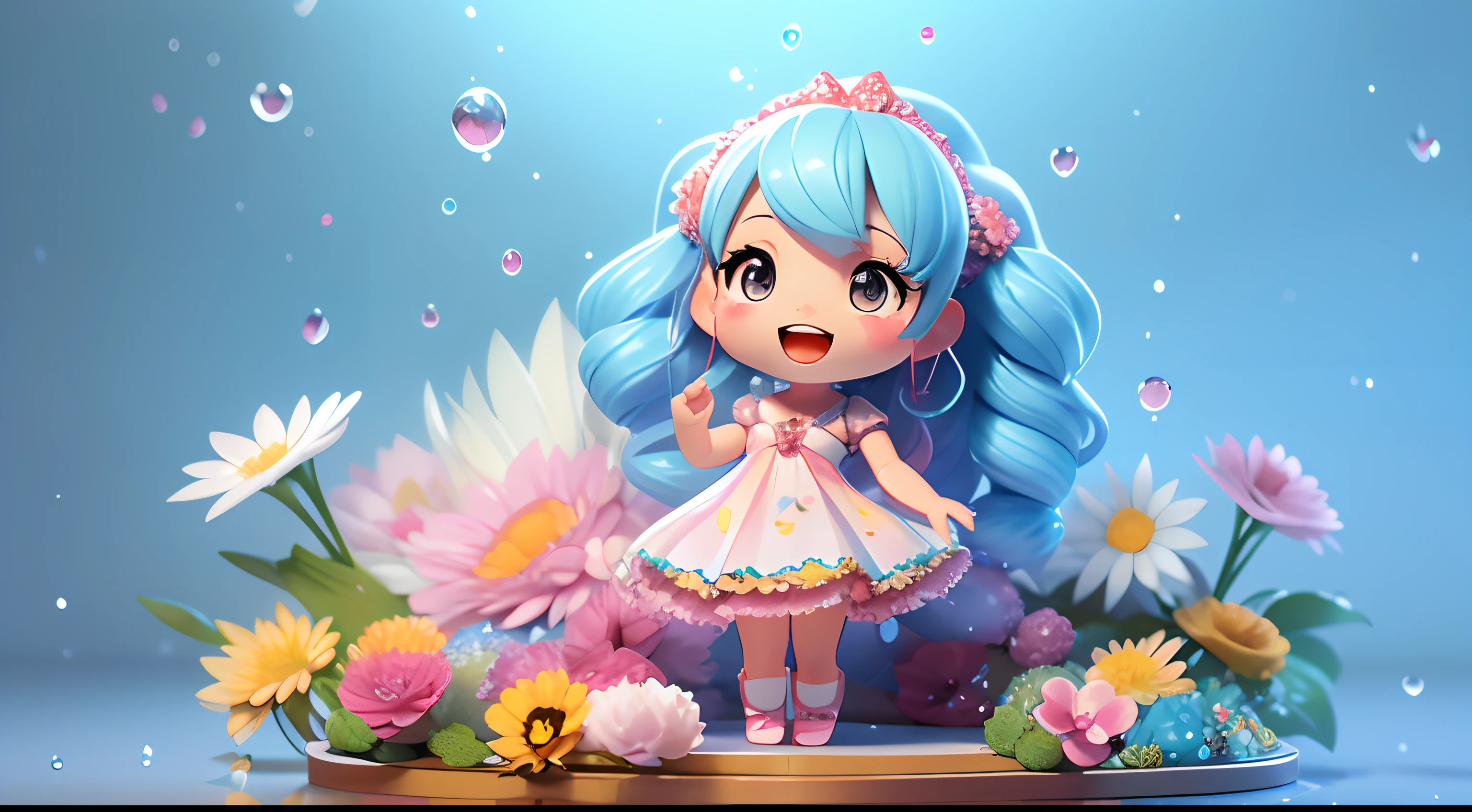 fotorealista、Doll standing in front of the painting.、Swimsuits、cara de risa、Gotas de agua en las mejillas.、Toma una pose extendida、Sengai、pixiv、rococo、doll dream、nendoroide acuarela、(High definition figure)、Seda iridiscente que fluye、nendroid、arriba de la cara、There are also flowers in front of the nendroids.、morning glory petals、season!!: 夏☀ 🍂 朝顔