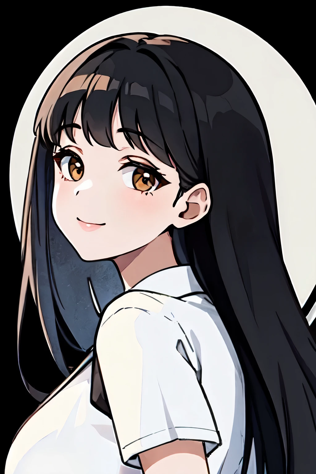 ((best quality)), ((masterpiece)), (detailed), perfect face masterpiece, Best quality1,4K quality, ,Married Woman Feeling,full,Front convex and back curved,Big breasts,Long hair, looking at the audience, Solitary, Brown eyes, shirt , !, brown hair, white shirt, Bangs, Upper Body, gentle,Smile, Black Hair, shadow , front,Holding a white sign,Cover your mouth,Raise your eyes,There is no light and shadow,Solid color background