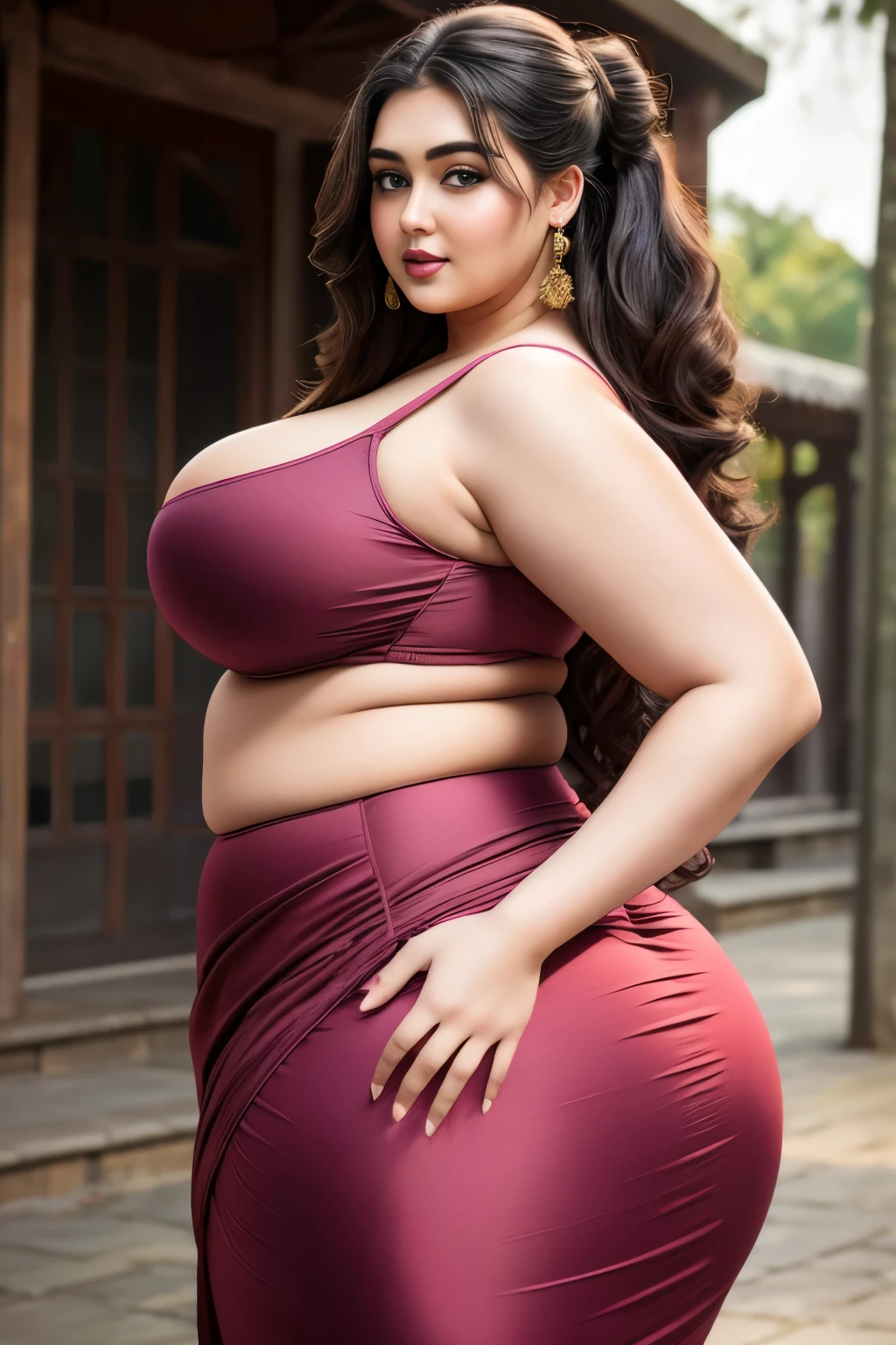 Outdoor image of 21yo  in school school photo in school masterpiece, (photorealistic:1.7), best quality, beautiful lighting, Eleanor Ukraine girl dark lipstick 20yo Old Big Breasts Plus Size Model random colour beautiful eyes extremely high Bun long extreme curly hair Lifts wearing Indian saree,,(big booty) (face here) Plus size bbw big , (wide booty)insanely inflated hips,Thick body ,fat body , curve shap body, widest hips , thick hips ,widest breast,  thick breast