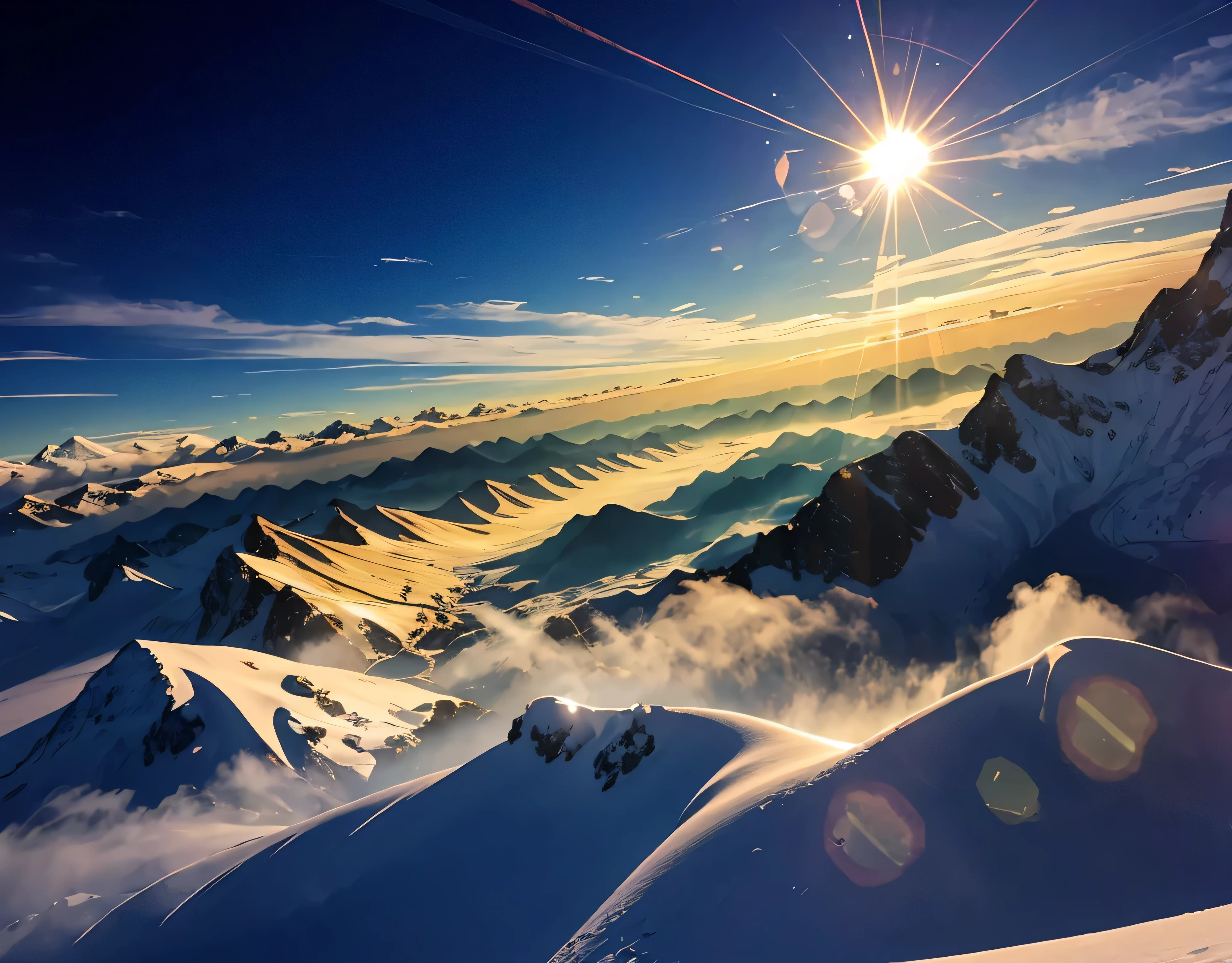 The mountain was covered with snow々、Clear skies、Lens flare、The morning sun shines brightly、The morning sun shines brightly、(Ultra-realistic:1.2), High resolution, (Bright colors, High resolution:1.1), (Sharp focus:1.1), (Physically Based Rendering:1.1), Tyndall effect, Colorful lights, (((Light shines through the gaps in the clouds))), Beautiful perspective, Contrasting Shadows, moving composition, Realistic landscape, unique configuration, Soft texture, Intricate details, Mysterious atmosphere, An artistic exploration of light and shadow,Golden dazzling light、A world view that will captivate all who see it、The world of nature、View from 3000m above sea level and mountain hut