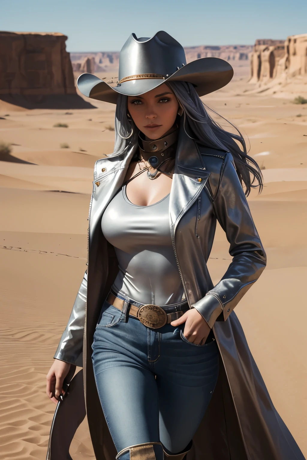 Its a landscape shot with a robotic cowgirl walking into the desert, her metal body is a shiny bronze shes wearing a duster coat with jeans and chaps her metalic hair is a silvery color
