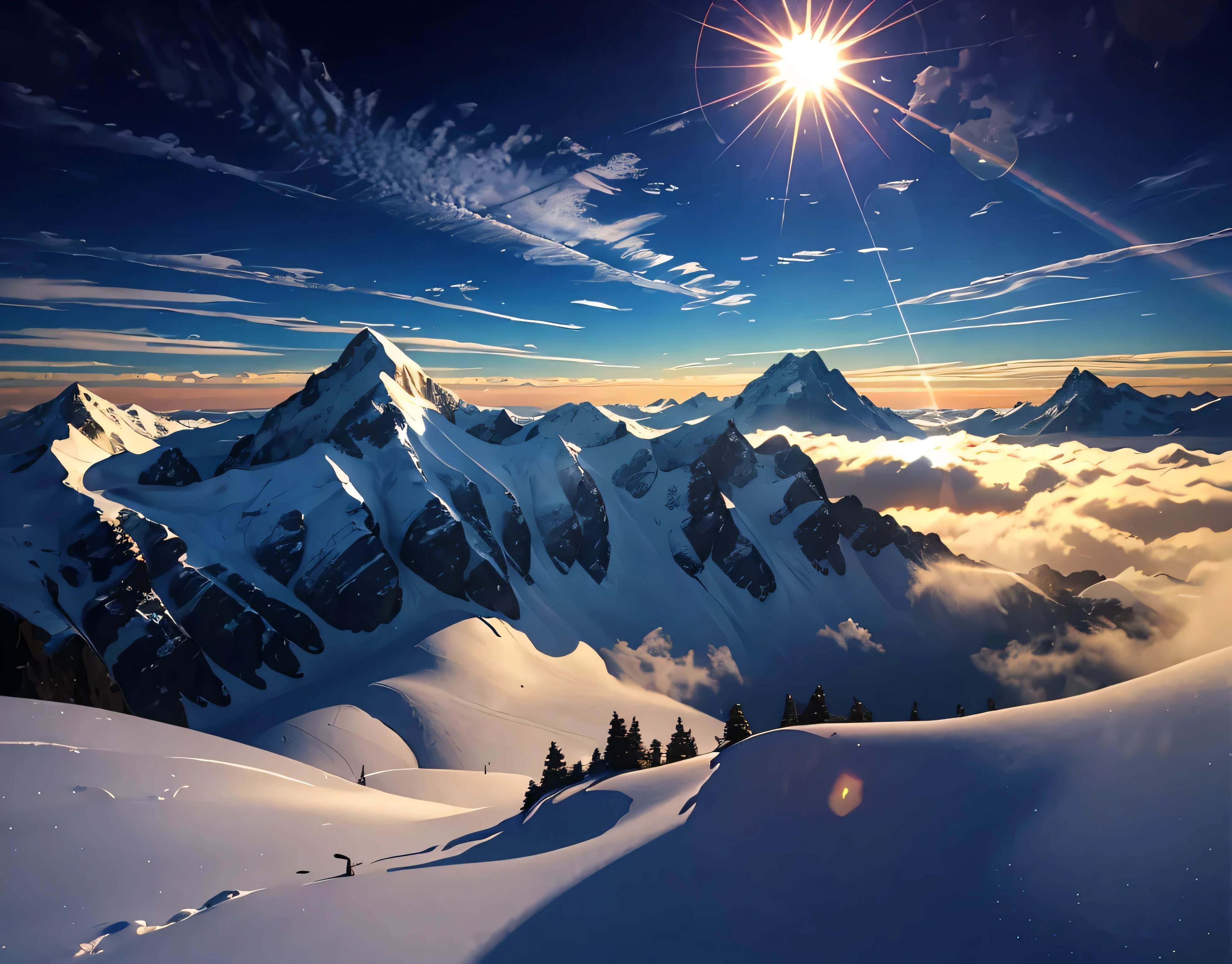 The mountain was covered with snow々、Clear skies、Lens flare、The morning sun shines brightly、The morning sun shines brightly、(Ultra-realistic:1.2), High resolution, (Bright colors, High resolution:1.1), (Sharp focus:1.1), (Physically Based Rendering:1.1), Tyndall effect, Colorful lights, (((Light shines through the gaps in the clouds))), Beautiful perspective, Contrasting Shadows, moving composition, Realistic landscape, unique configuration, Soft texture, Intricate details, Mysterious atmosphere, An artistic exploration of light and shadow,Golden dazzling light、A world view that will captivate all who see it、The world of nature、View from 3000m above sea level and mountain hut