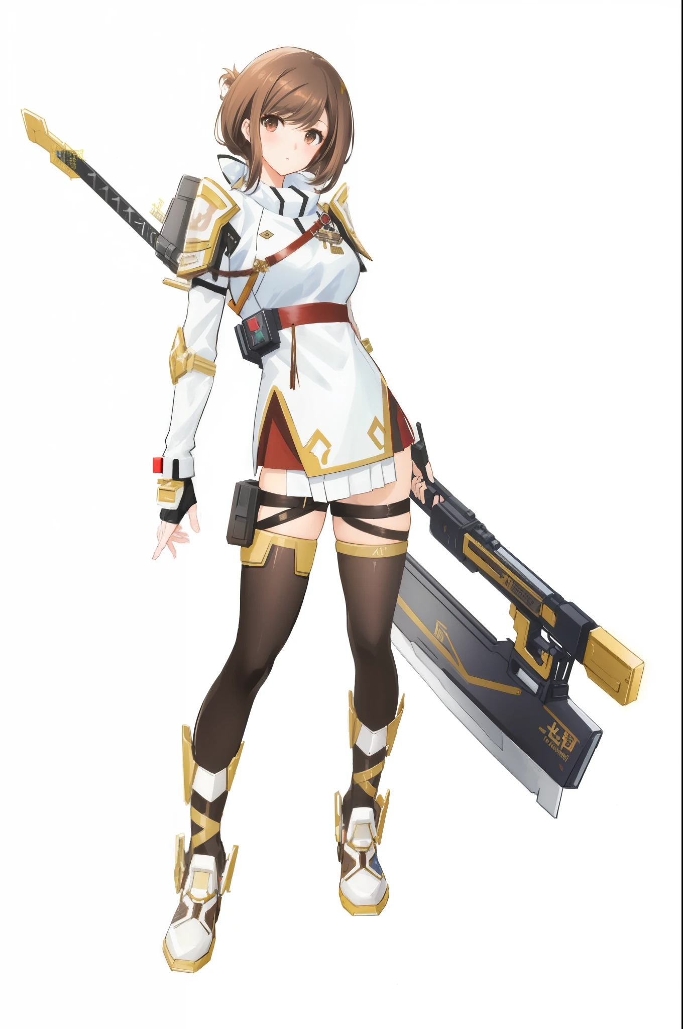 (hair swept bangs:1.3), (brown hair:1.3), a woman in a white outfit holding a sword and a gun, katana zero video game character, pristine concept art, cushart krenz key art feminine, chiho aoshima color scheme, cushart kenz, Akihiko Yoshida, interesting character design, mechanized soldier girl, female action anime girl, mechanized valkyrie girl, beautiful full body concept art