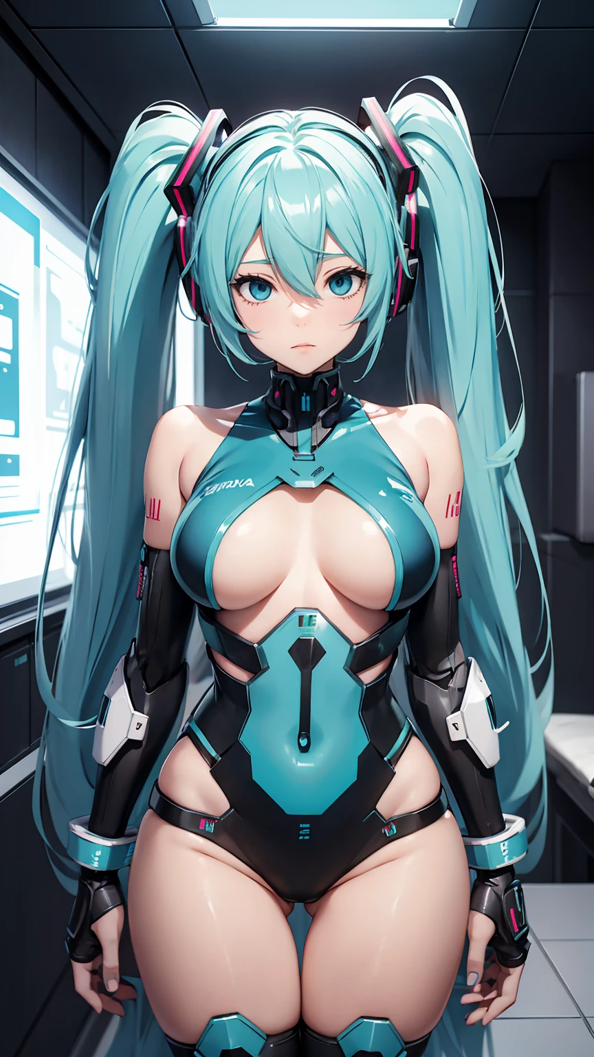Hatsune Miku Vocaloid, Twin Tails, Light Blue Eyes, Light Blue Hair, Bod ysuit, (mecha girl), Cyber punk, Ultimate Physical Beauty, Beautiful Eyes, , embarrassed look , bedroom, Bigchest, 8K CG, Top Quality, Best Image Quality,