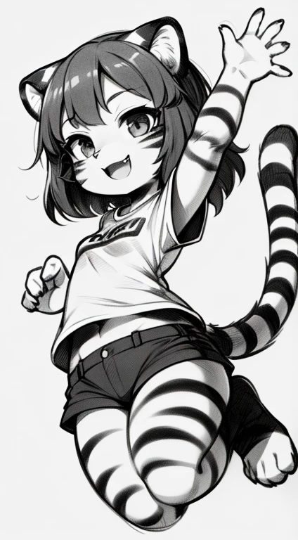 (masterpiece, High quality, Best quality, 8k, High resolution), ((chibii style, chibi cute)), (solo, 1  girl), {tiger girl, tiger face, 2 fangs, long eyelashes, eyeliner} {tiger whiskers}, (((Tiger skin all over the body, Tiger stripes on the body))), short hair, hair clip, [[hair clip white flower on hair]], ((very happy)), ((open mouth)), [black pupile], ((looking away)), (very small breasts), thin arms, ((one Arm up, one arm down)), armpits, ((mini T-shirt, full white T-shirt)), {white shorts}, {{{mini tiger Tail, Tail on the back}}}, (full body), (((standing, jumping chopped angle))), dynamic pose, white background, simple background, ((((Tora-chan no Hanayome style)))), ((monochrome color, grayscale)), (old anime 40s style), anime style, sketch manga.