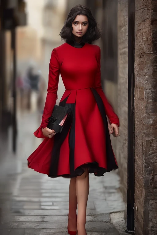 Mujer arafed con un vestido rojo y un bolso negro caminando por una calle., una foto de Marie Bashkirtseff, Tendencias en la sociedad CG, arabesque, la chica lleva un vestido rojo, modelo de moda elegante, elegante vestido rojo, usando un vestido rojo, usando un vestido rojo, usando un vestido elegante, vistiendo un traje rojo, vistiendo un traje elegante