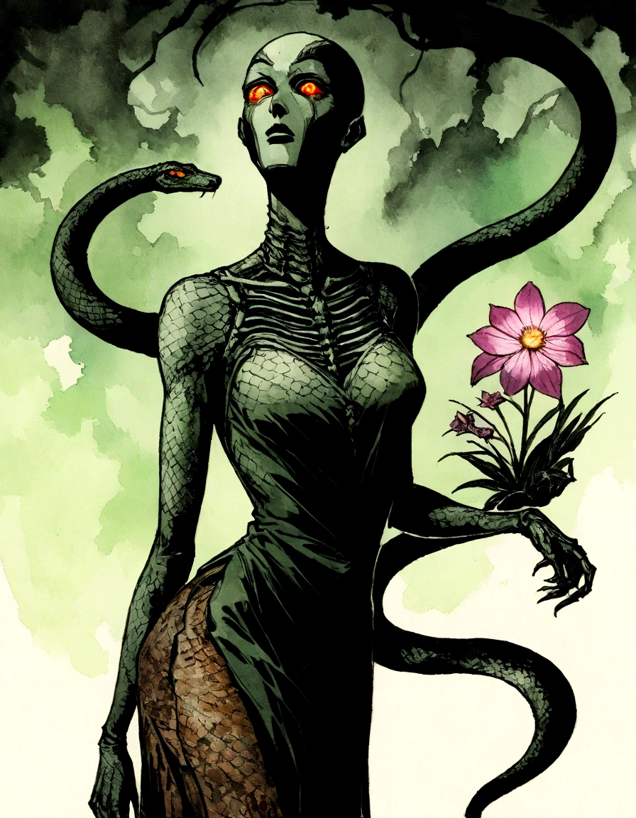 Medusa, comic panel, candid,((art style "Sean Gordon Murphy" comic drawing, splash panel)), snake skin dress, (background, pine barrens, entropy, rewilding, magic hour nautical twilight), body drawn in Frederic Delavier musculature anatomical illustration art style, (face, ornate black metal corpse paint, resembles Grace Jones), silhouette, full body portrait, (body, Naga, snakefolk, lower body snake tail, snake woman hybrid, bald, hairless, skeleton, snake skin tattoos, piercing eyes, snake pupils), craftsmanship nuance, full body portrait, (colors, forest green to earth brown, merge bleak muted deep fiery radiant glowing CMYK hues, (horror, abstract, surreal, body, cosmic), (art style Gerardo Zaffino charcoal), double exposure, optical illusion, nyctophobia, subliminal orchids, unfinished,