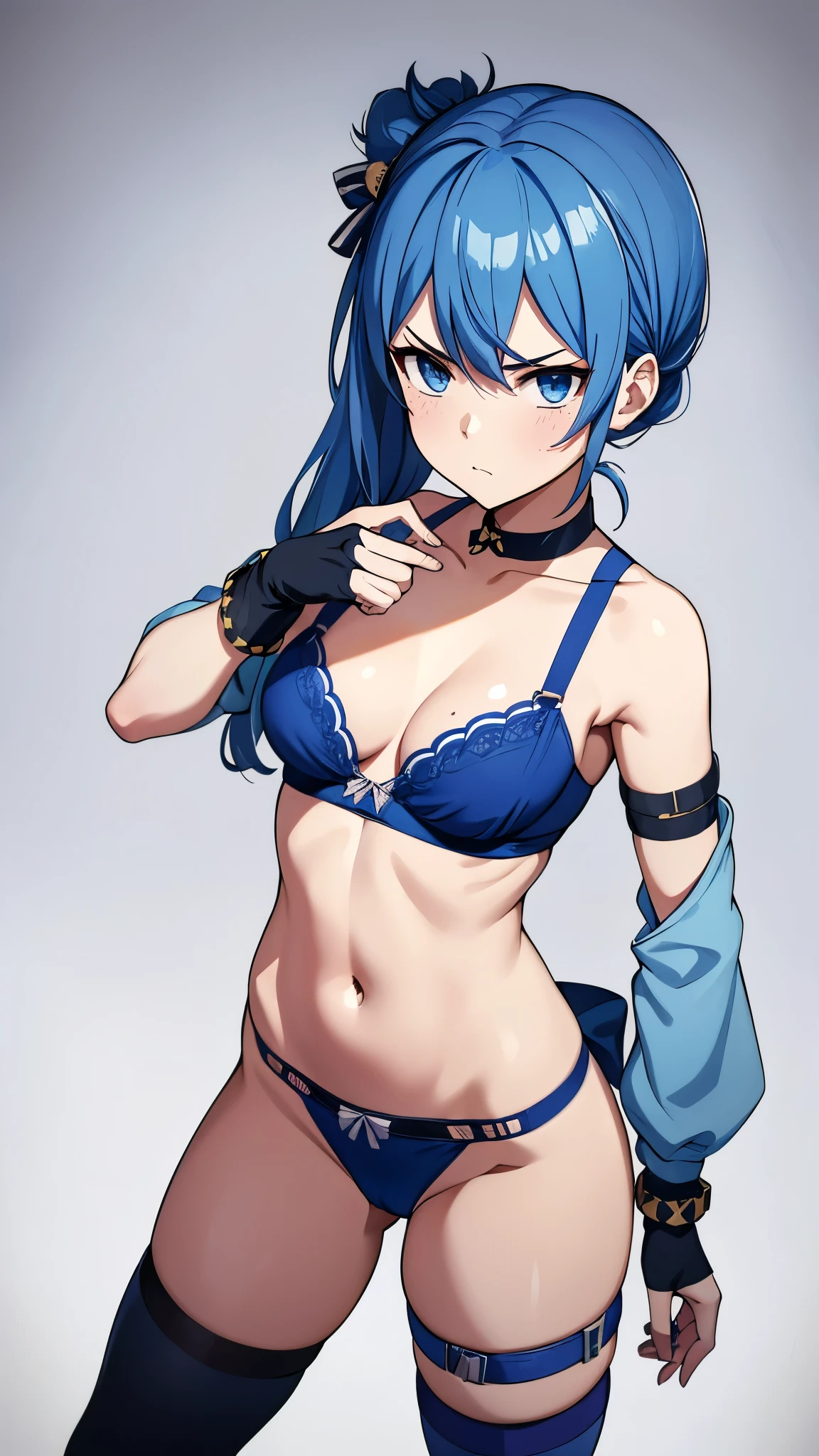 1GIRL, SOLO, SIDE PONYTAIL, HOSHIMACHI SUISEI, FINGERLESS GLOVES, SINGLE THIGHHIGH, JEWELRY, THIGH STRAP, BRACELET, BUTTONS, BLUE CHOKER, BLUE BELT, MINI CROWN, BLUE ASCOT, (get angry、Completely naked、pubic hair、The discarded blue bra、Blue panties discarded)
