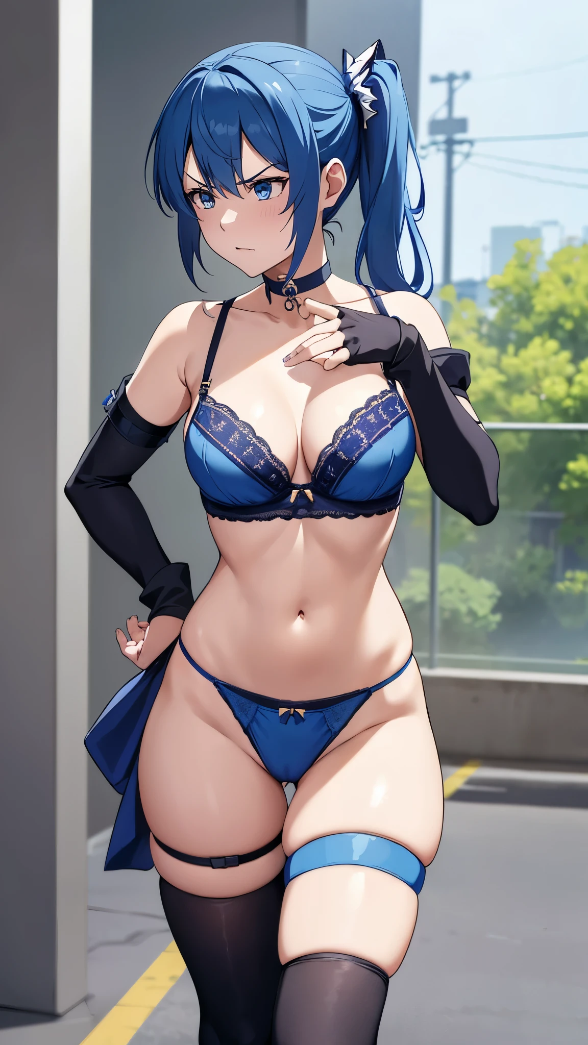 1GIRL, SOLO, SIDE PONYTAIL, HOSHIMACHI SUISEI, FINGERLESS GLOVES, SINGLE THIGHHIGH, JEWELRY, THIGH STRAP, BRACELET, BUTTONS, BLUE CHOKER, BLUE BELT, MINI CROWN, BLUE ASCOT, (get angry、Completely naked、pubic hair、The discarded blue bra、Blue panties discarded)
