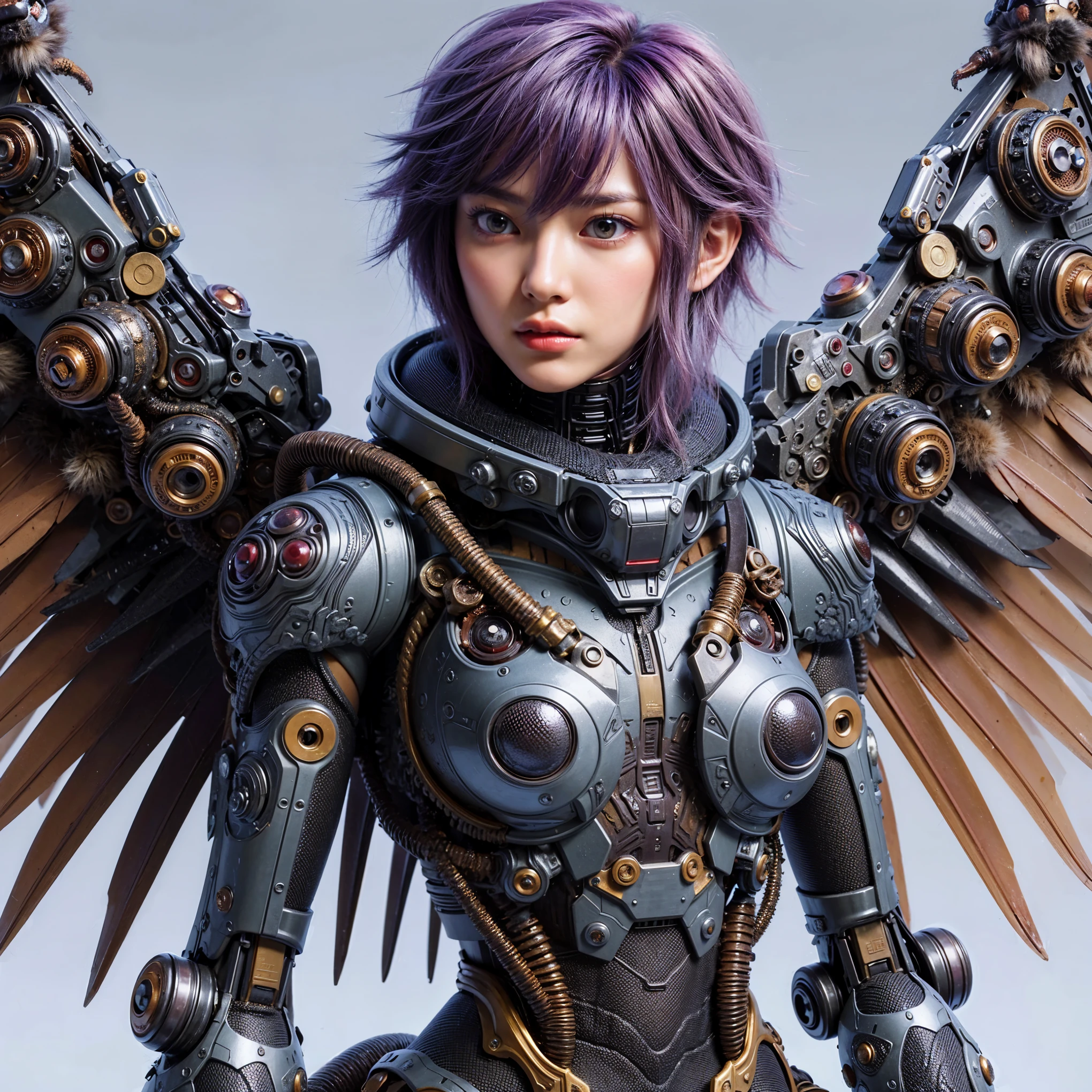(top-quality:1.2, masterpiece), ultra high res,(Photorealsitic:1.4), (scorpion-like bio animal suit:1.3), heavy weapons,large wings, vivid textures,insect legs, red  hair, glowy skin, fur,japanese girl beautiful face,  ((super realistic intricate details)), full body shot, globalillumination, octan render, ultrasharp, character edge light, Details of complex ornaments, Acrylic Clear Cover, Hydraulic cylinder