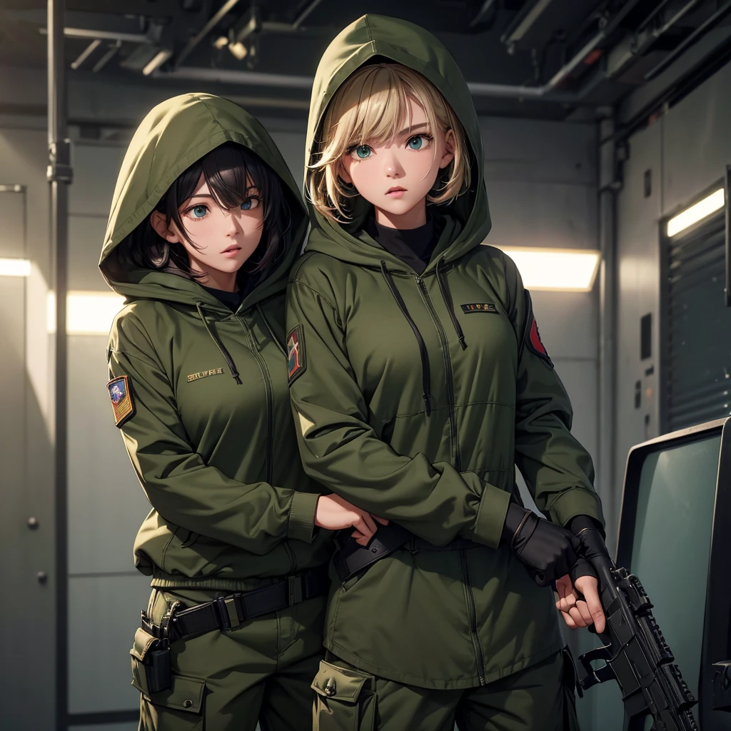 Two female soldiers wearing dark green M51 hooded uniforms、Military Pants、The hood of the hoodie is put on the head,The body is facing straight forward、Fists in front of shoulders,Write details、masterpiece、best quality、Highly detailed CG、8K picture quality、theater lighting、lens flare