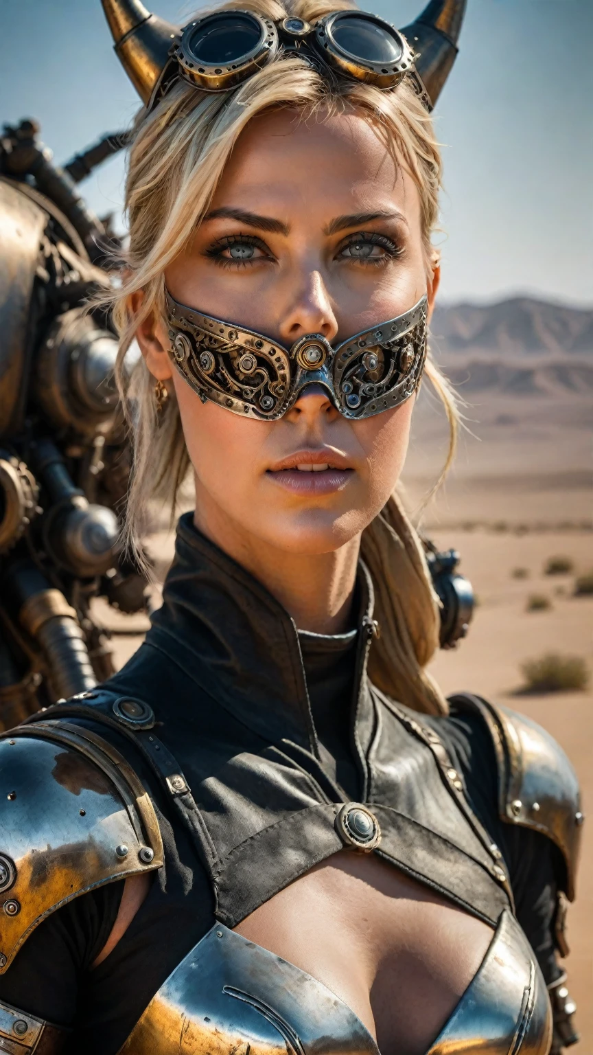 a stunning charlize theron with beautiful detailed eyes,beautiful detailed lips,extremely detailed eyes and face,longeyelashes,robotic-steampunk three-clawed hand,standing in the middle of a desert, photorealistic, 8k, best quality, masterpiece, (realistic:1.37), HRD, UHD, studio lighting, ultra-fine painting, sharp focus, physically-based rendering, extreme detail description, professional, vivid colors, bokeh, concept art, MadMax, cowgirl shot, highly detailed, ultra-realistic, 8k, cinematic, moody,, photorealistic, hyper detailed, extremely detailed, sharp focus, ultra-fine details