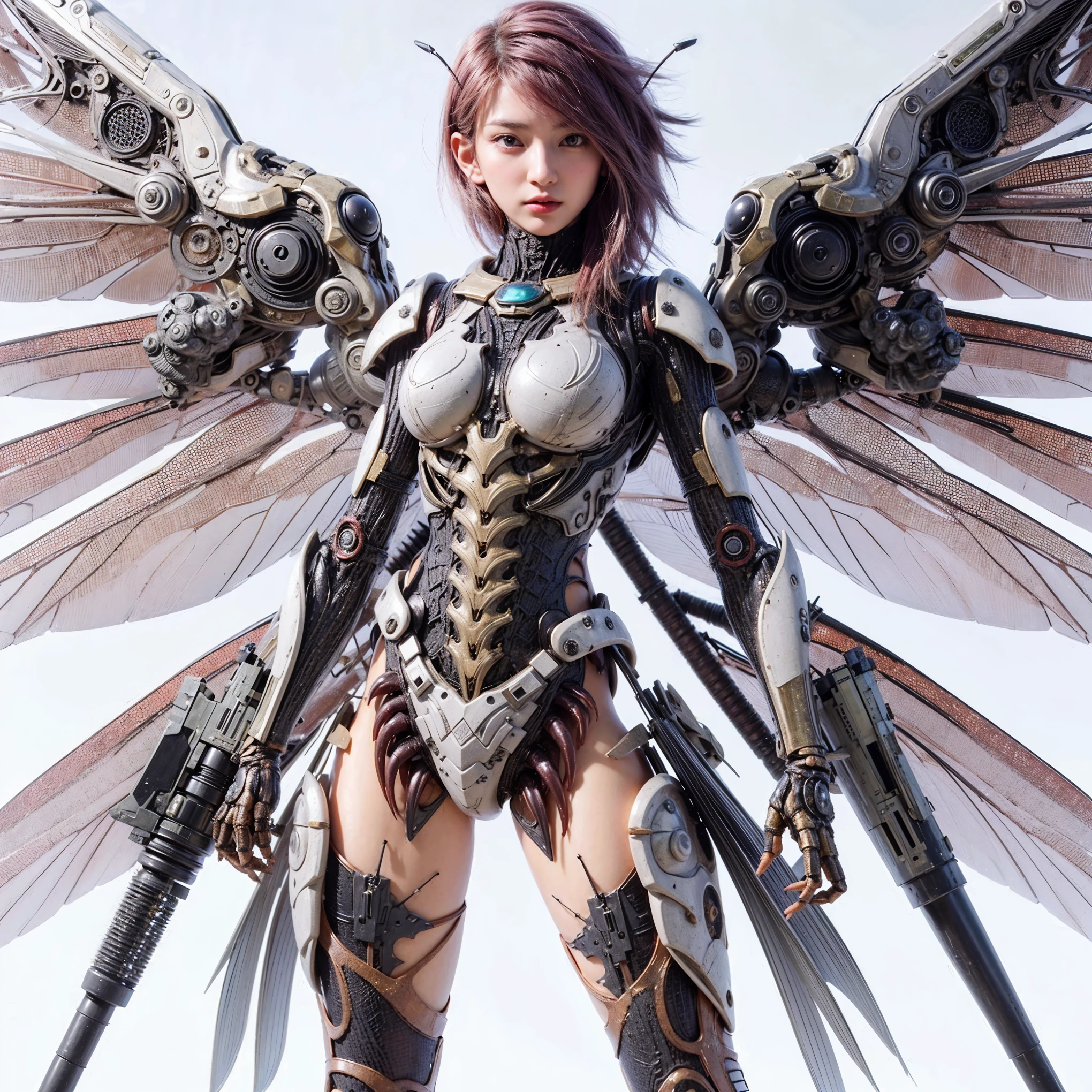 (top-quality:1.2, masterpiece), ultra high res,(Photorealsitic:1.4), (scorpion-like bio animal suit:1.3), heavy weapons,large wings, vivid textures,insect legs, red  hair, glowy skin, fur,japanese girl beautiful face,  ((super realistic intricate details)), full body shot, globalillumination, octan render, ultrasharp, character edge light, Details of complex ornaments, Acrylic Clear Cover, Hydraulic cylinder