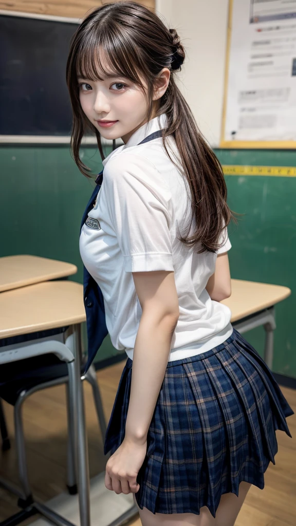 masterpiece, best quality, illustration, Super detailed, fine details, High resolution, 8K,wall paper, perfect dynamic composition,(Details High quality, realistic depiction of eyes:1.3), High School Classroom、High school girl uniform、blazer 、Super Short Check Uniform Skirt、Navy blue high socks、garterbelts、plump breasts, Disturbed uniform, ponytail, black hair color, large breasts, Big Natural Color Lip, bold sexy pose, perfect body shape, crying a little、20 year old girl、cute type, beautiful legs, hposing Gravure Idol, Voluptuous thighs, (from behind, straddling)