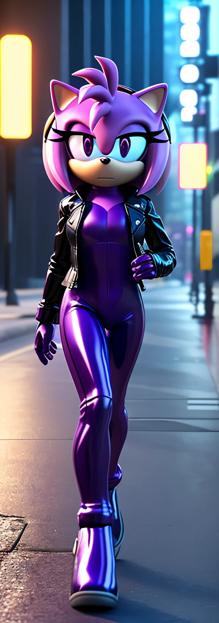 afro american women,dark skin,red brown Bob Haircut, purple  sunglasses,black leahter crop Jacket, purple latex Leotard. big breast, purple Gloves, black leahter trouserslaying