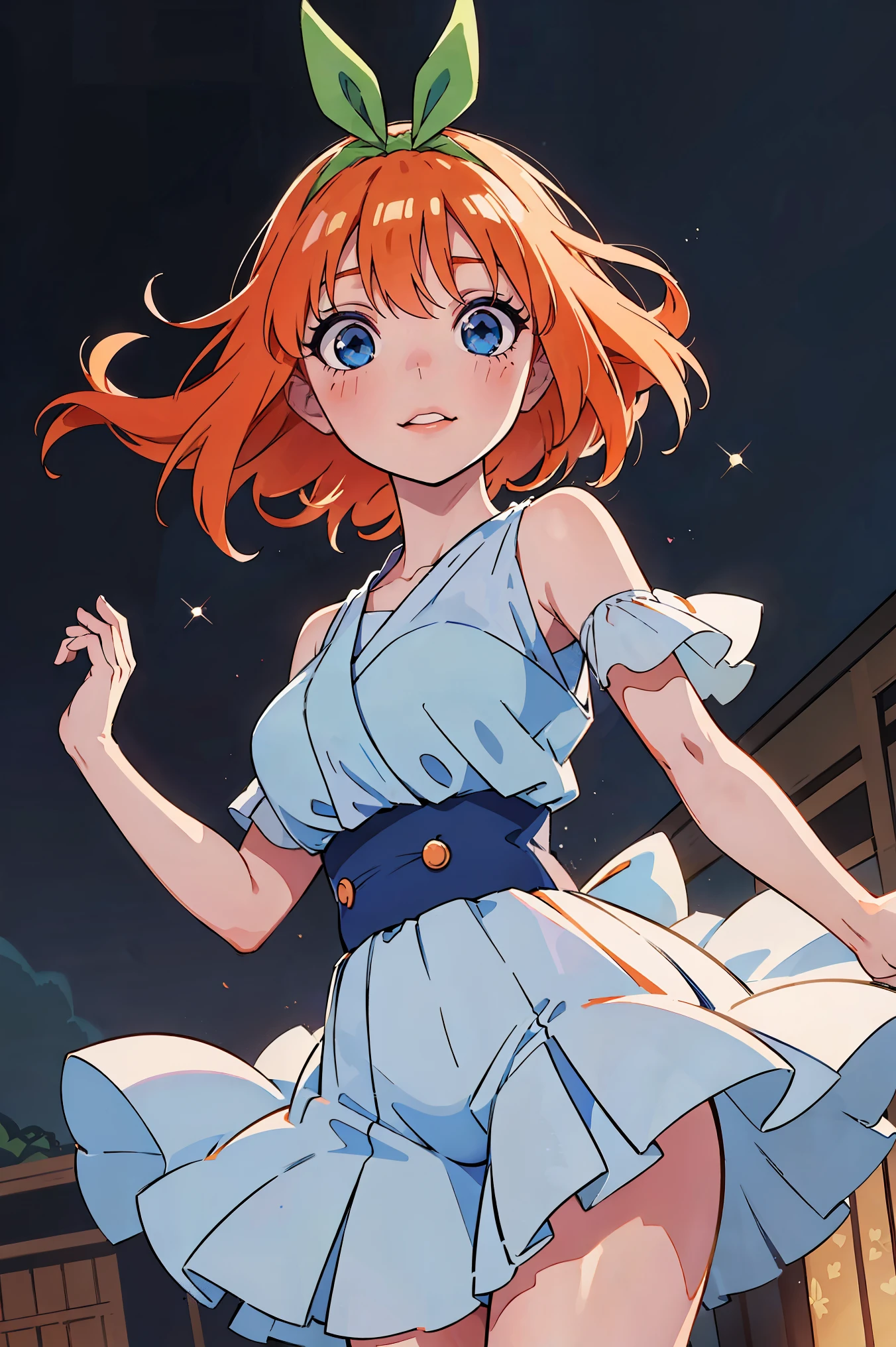 Yotsuba nakano, dancing in the moonlight, dynamic pose, moonlight background, full body, dancing girl, pretty flowing dress, wind, sweet dreamy face, (Old anime, vintage anime, 90's anime style, naoko takeuchi style, masterpiece、top-quality, Official art、Beautifully Aesthetic:1.2)、(a beauty girl:1.3)、vivid colours、colourful, magical photography, dramatic lighting, intricate details, (1 girl, solo, alone), , sfw, nakano_yotsuba, blue eyes, indigo eyes, aayotsuba, sparkling blue eyes, sfw, pretty teenage girl with shoulder length orange hair, hair ribbon, green ribbon, heart shaped lips and blue eyes making a cute face, blushing, aayotsuba, Nakano yotsuba from The Quintessential Quintuplets, yotsuba Nakano, masterpiece, 4k, ultradetailed, cowboy shot, shoulder lenght orange hair,, blushing,, blue eyes, innocent, pure, kawaii, tender, lovely, cheery, cute