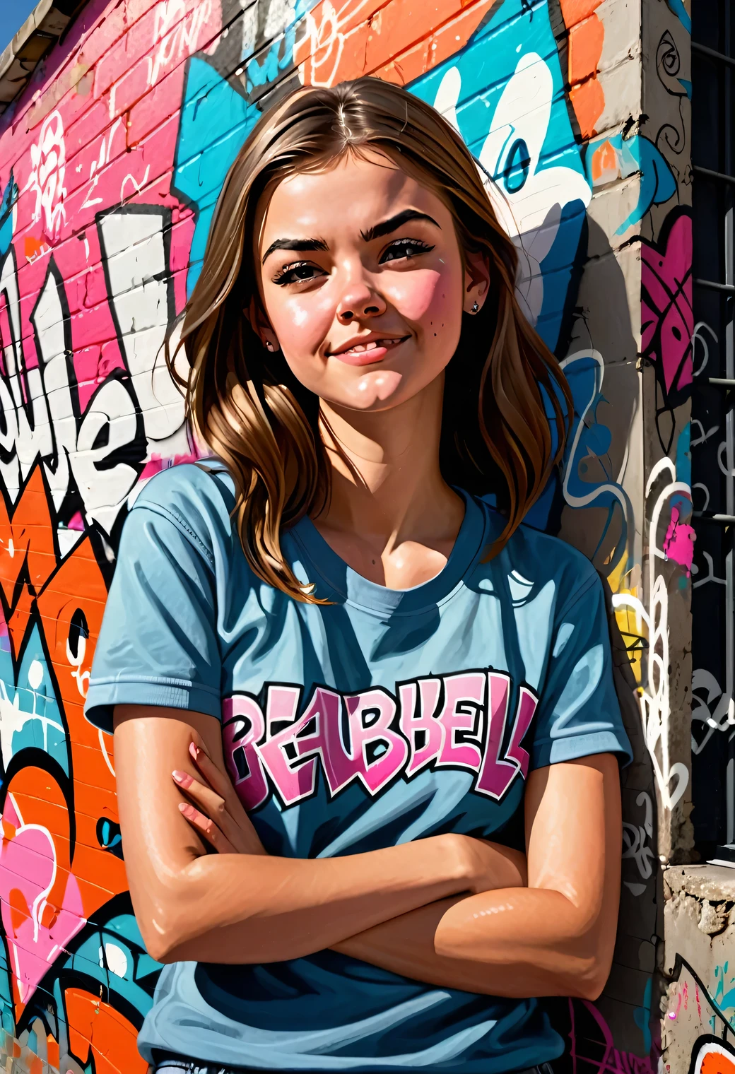 Illustration of a Mean Girl, a mischievous teenage girl with a bashful smile. Troublemaker, rebellious, Leaning against a graffitied wall, looking up at us, Arms crossed with an arrogant look on his face